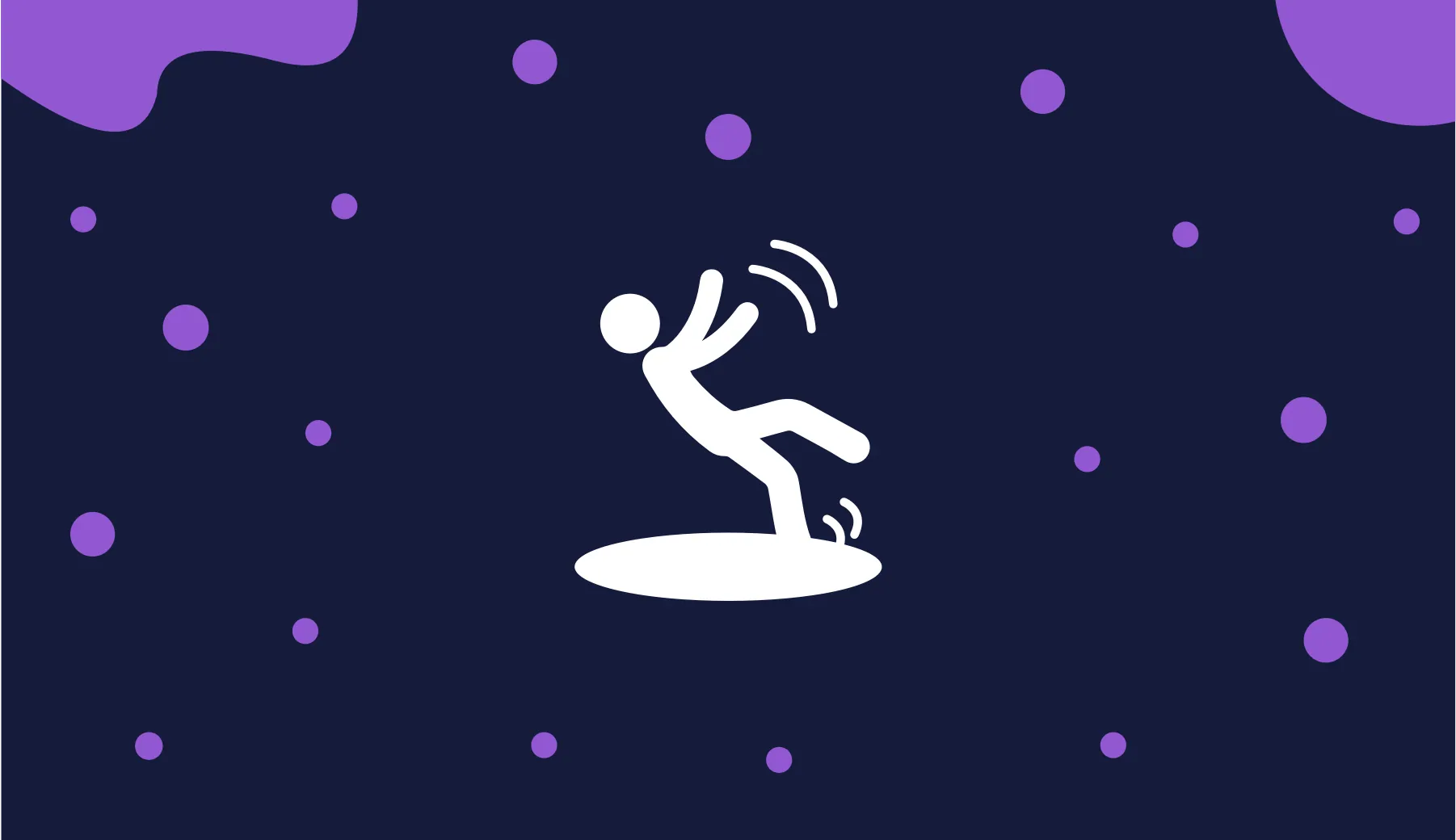 Pictogram of a person slipping and falling on a puddle, white on navy with purple blobs