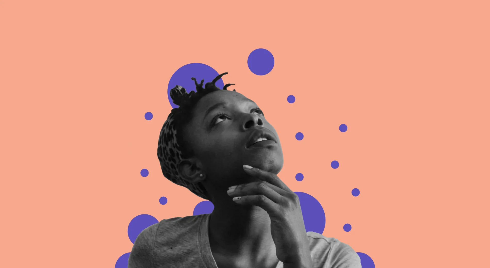 A woman looking up thoughtfully, hand on chin, with blue dots on a salmon background