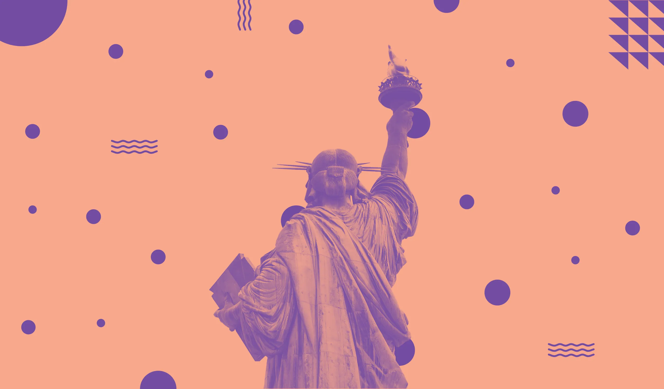 The Statue of Liberty seen from behind, tinted purple on salmon with purple dots and wavy lines