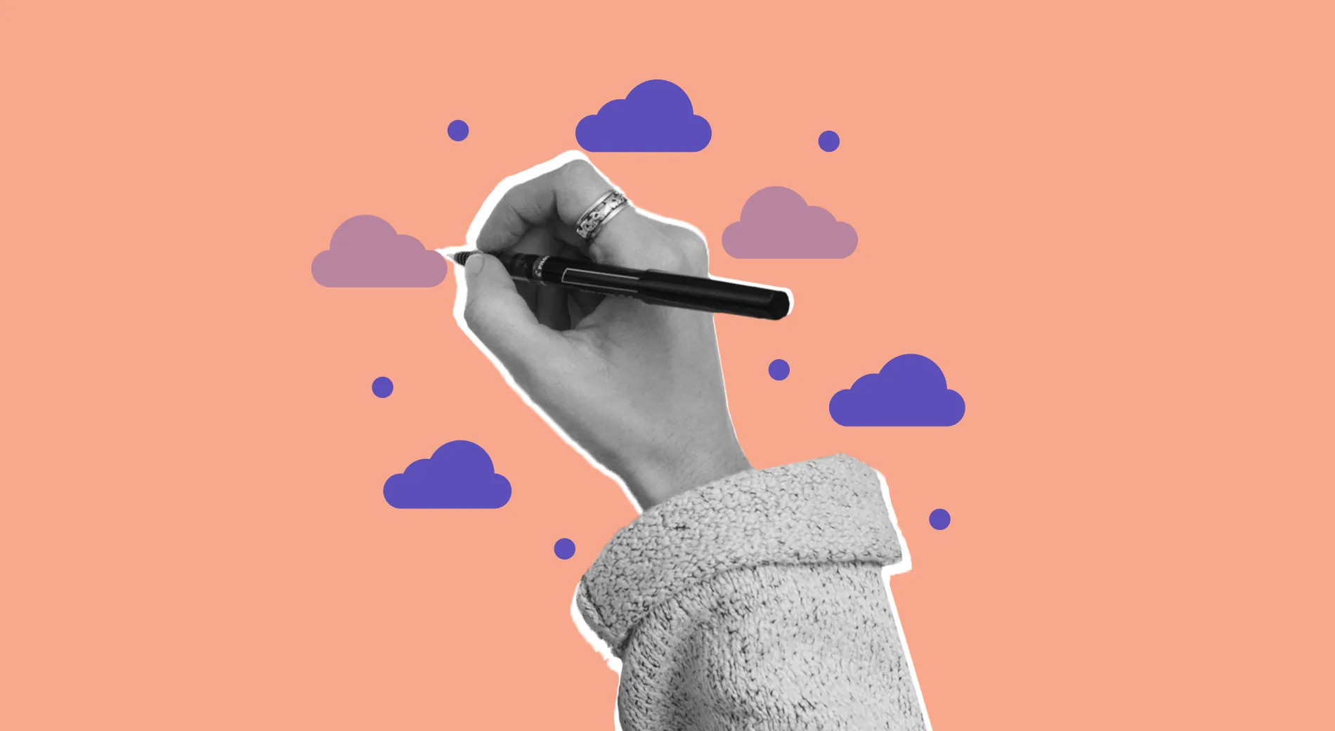 A hand holding a pen, surrounded by purple clouds, on salmon pink