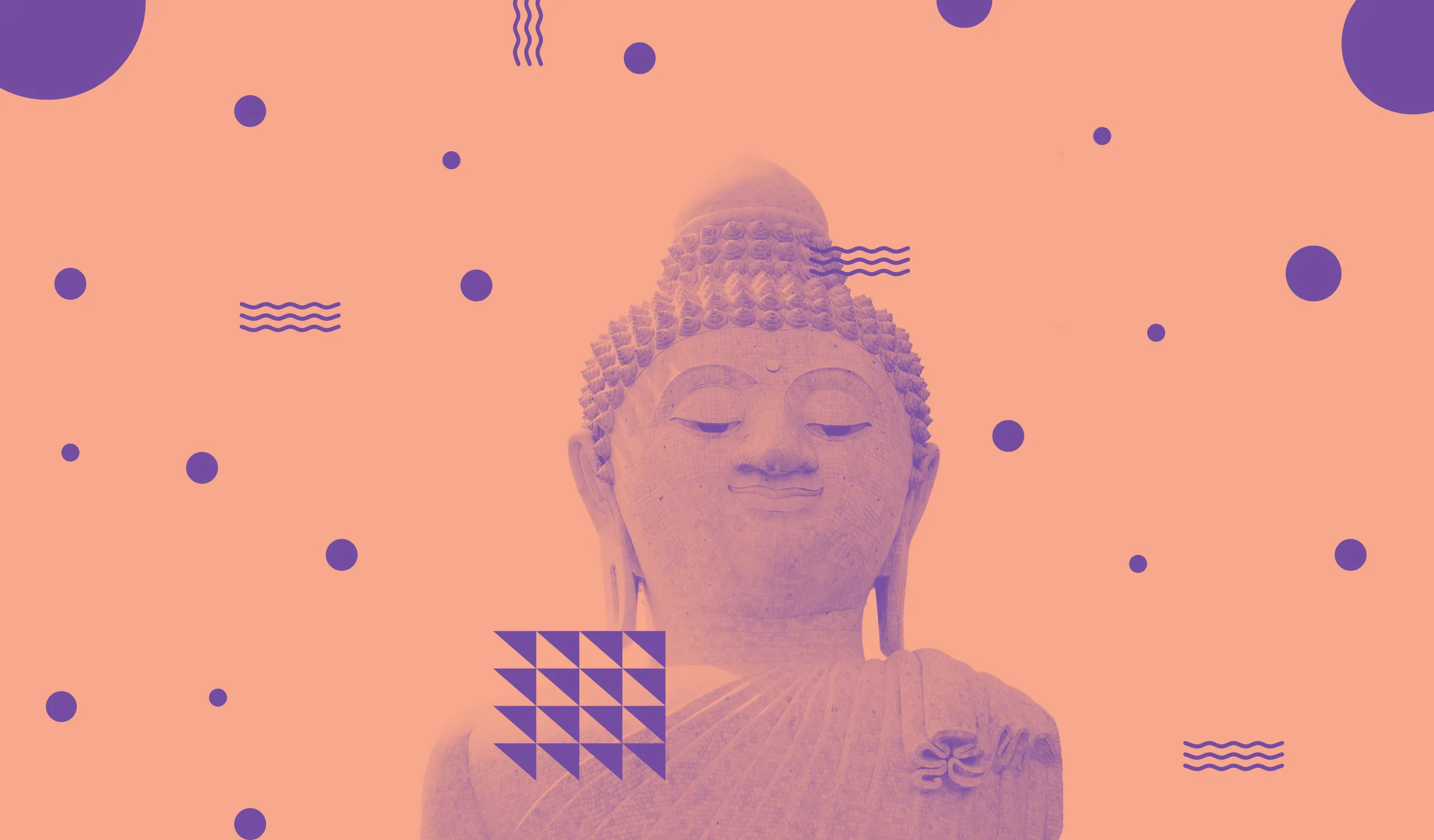 Face of a serene Buddha statue, tinted purple on salmon with purple dots, wavy lines and triangles