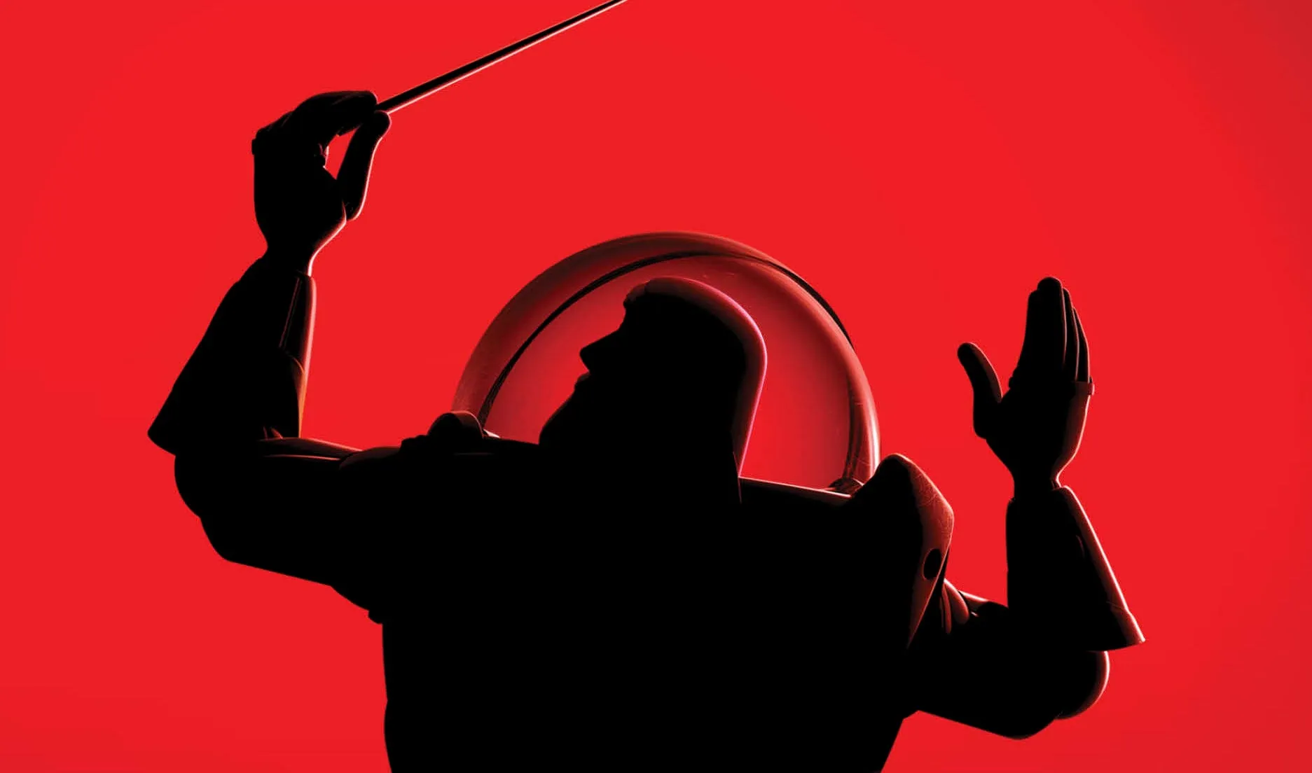 Silhouette of Buzz Lightyear conducting with a baton, black on red