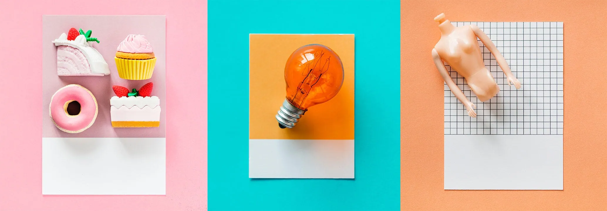 Three photos side by side: cake, doughnut and cupcake figurines on pink, an orange light bulb on teal, and a doll on grid paper on peach