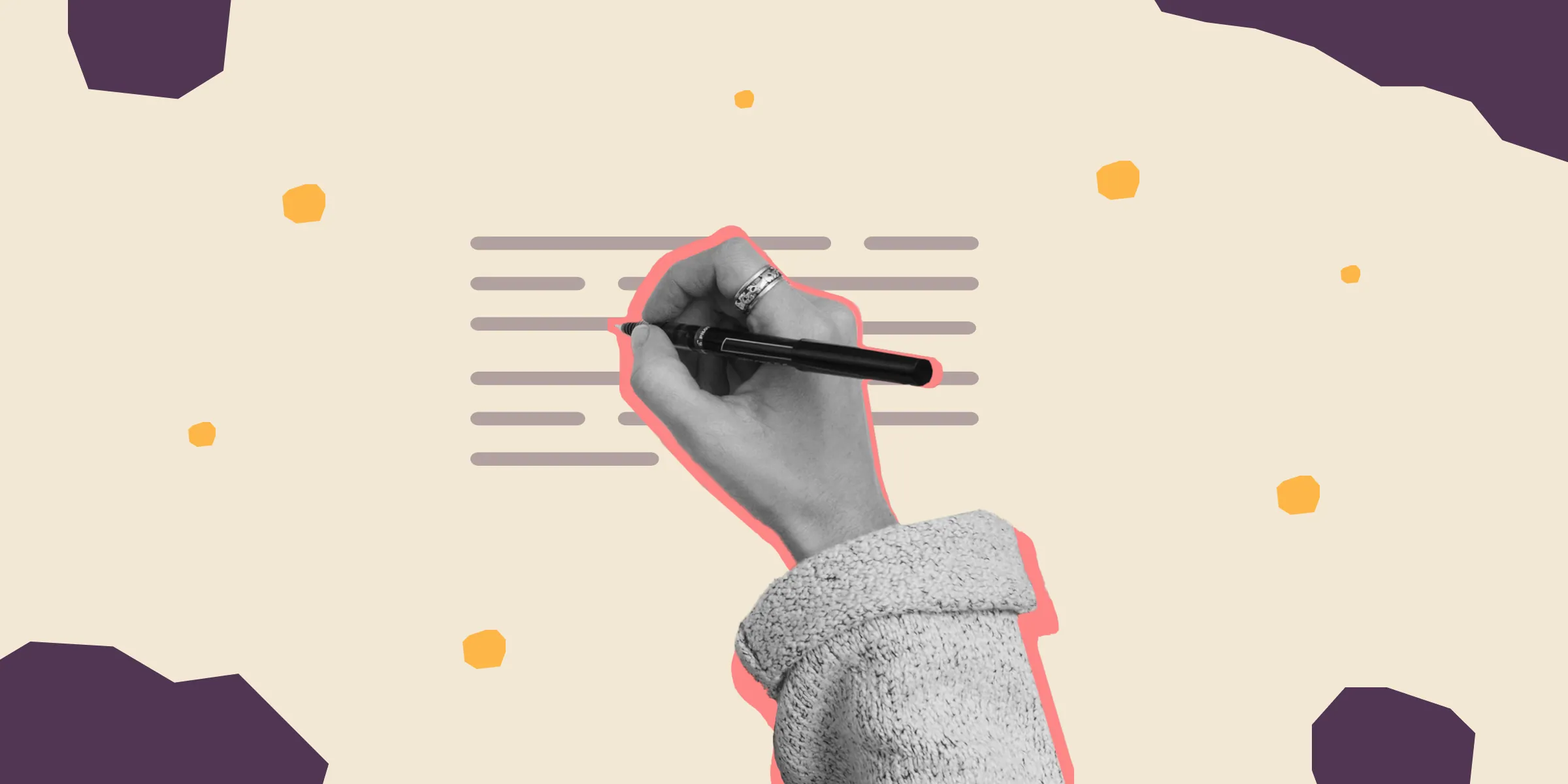 A hand writing on lined paper, in a cut-out collage with yellow dots on beige