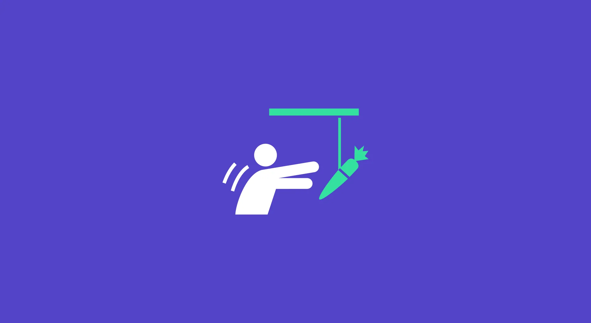 Pictogram of a person reaching for a carrot dangling from a stick, white on violet