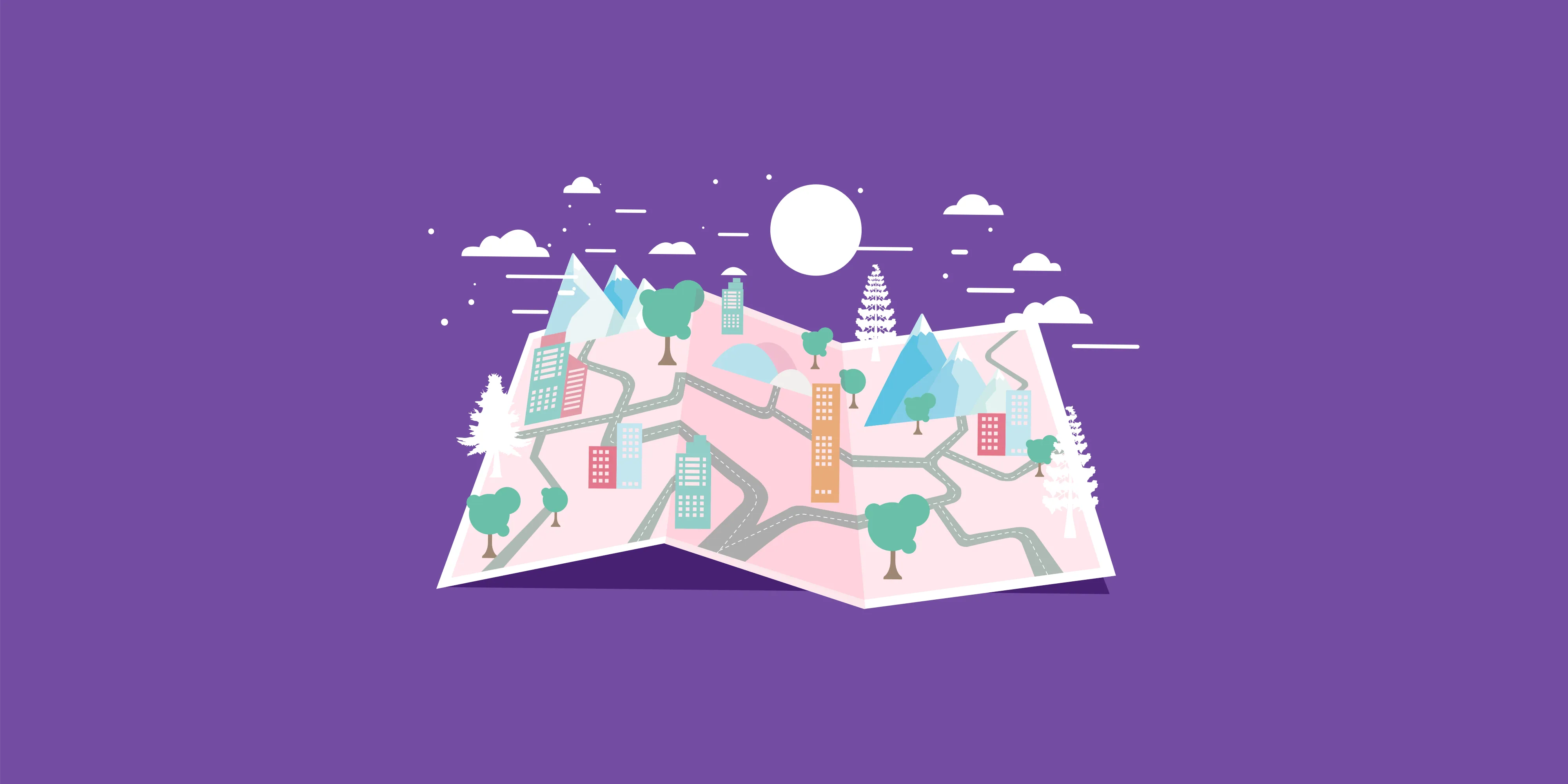 Illustration of a folded paper map with a town, mountains and roads