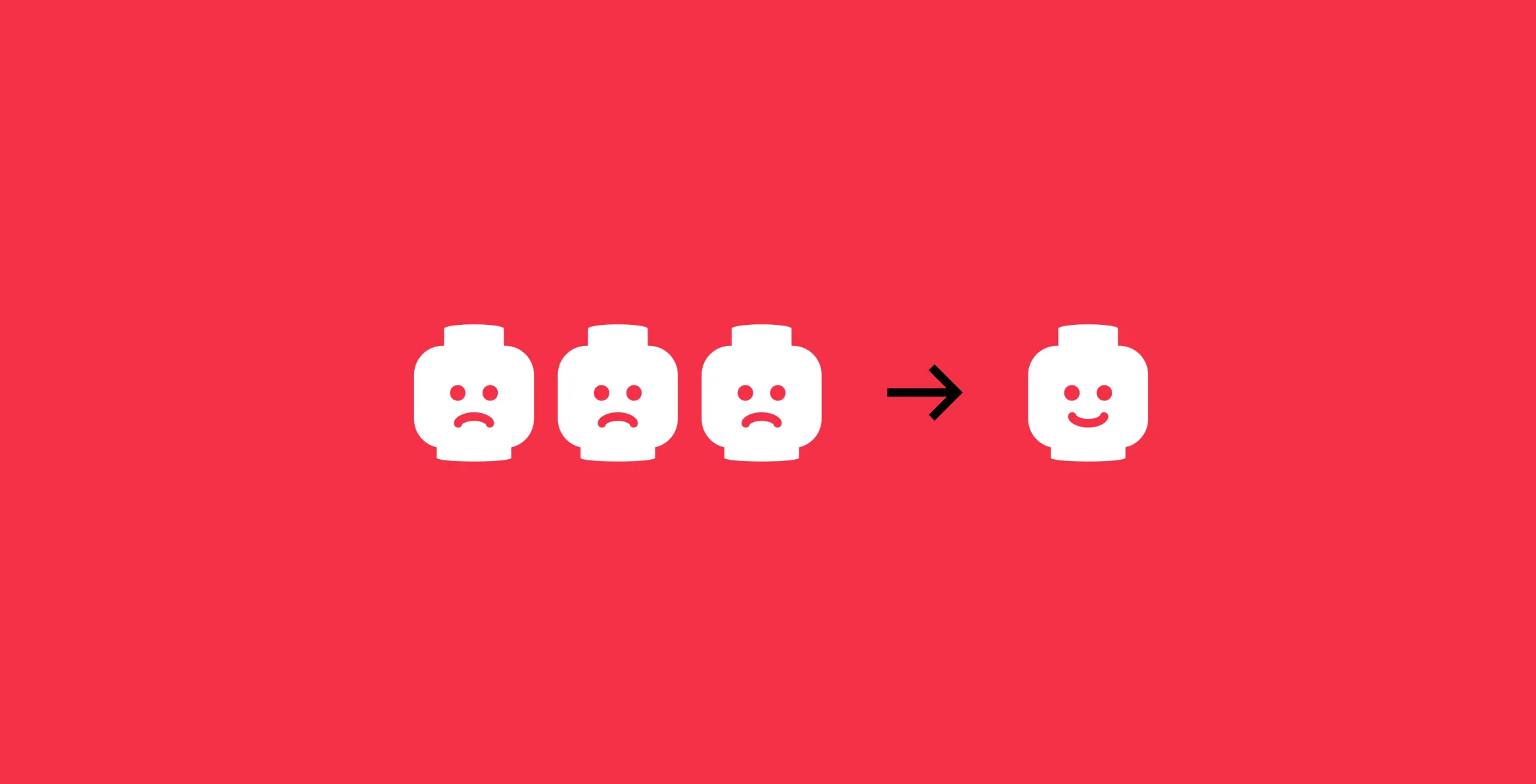 Three frowning Lego heads, an arrow, and one smiling Lego head, on red