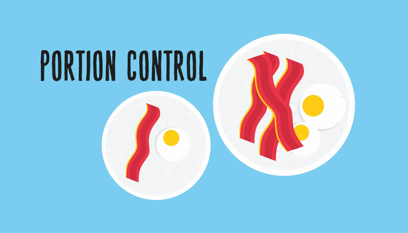 Portion control: a small plate with one rasher of bacon and an egg beside a large plate with three rashers and two eggs