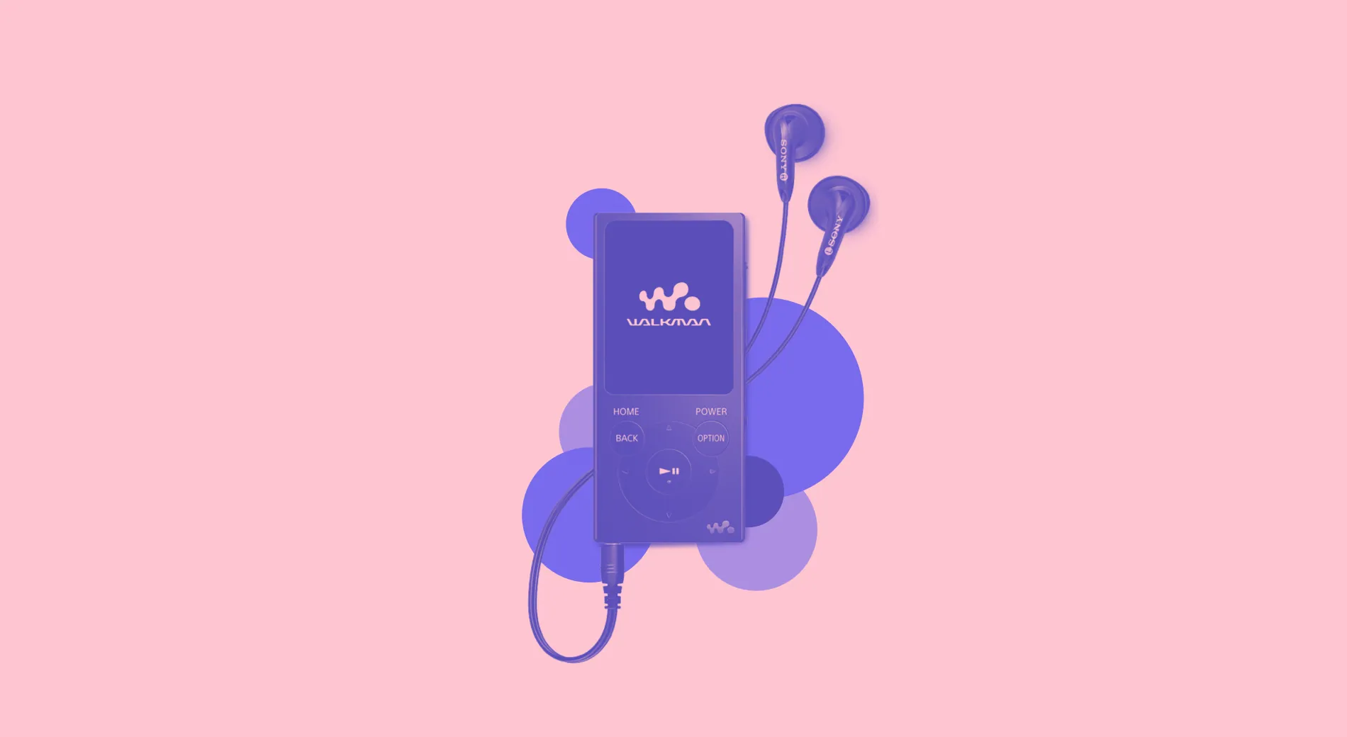 A Sony Walkman music player with earphones, in violet on pink