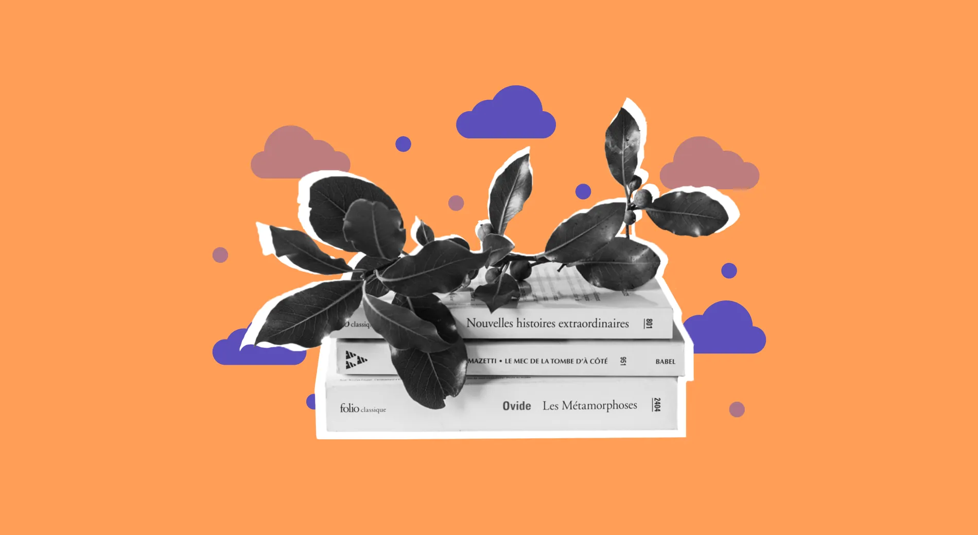 A stack of books with a plant growing out of it, in a cut-out collage on orange
