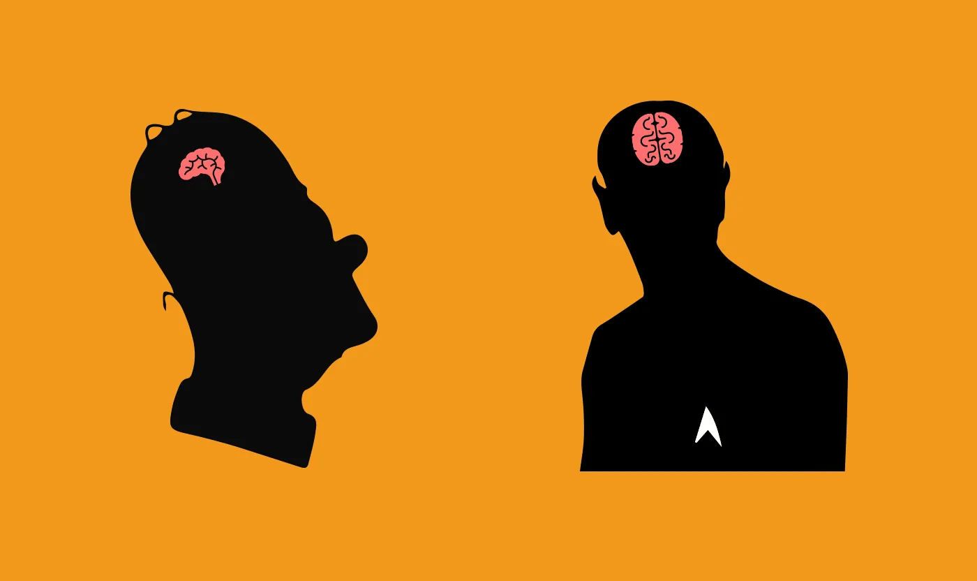 Two black silhouette heads with a small pink brain in one and a large one in the other, on orange