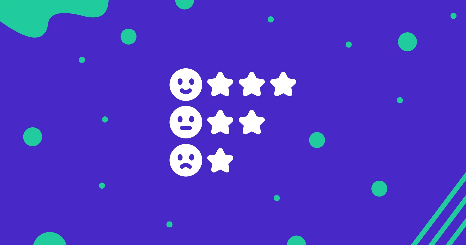 Three face icons with three, two and one stars, on violet with green blobs