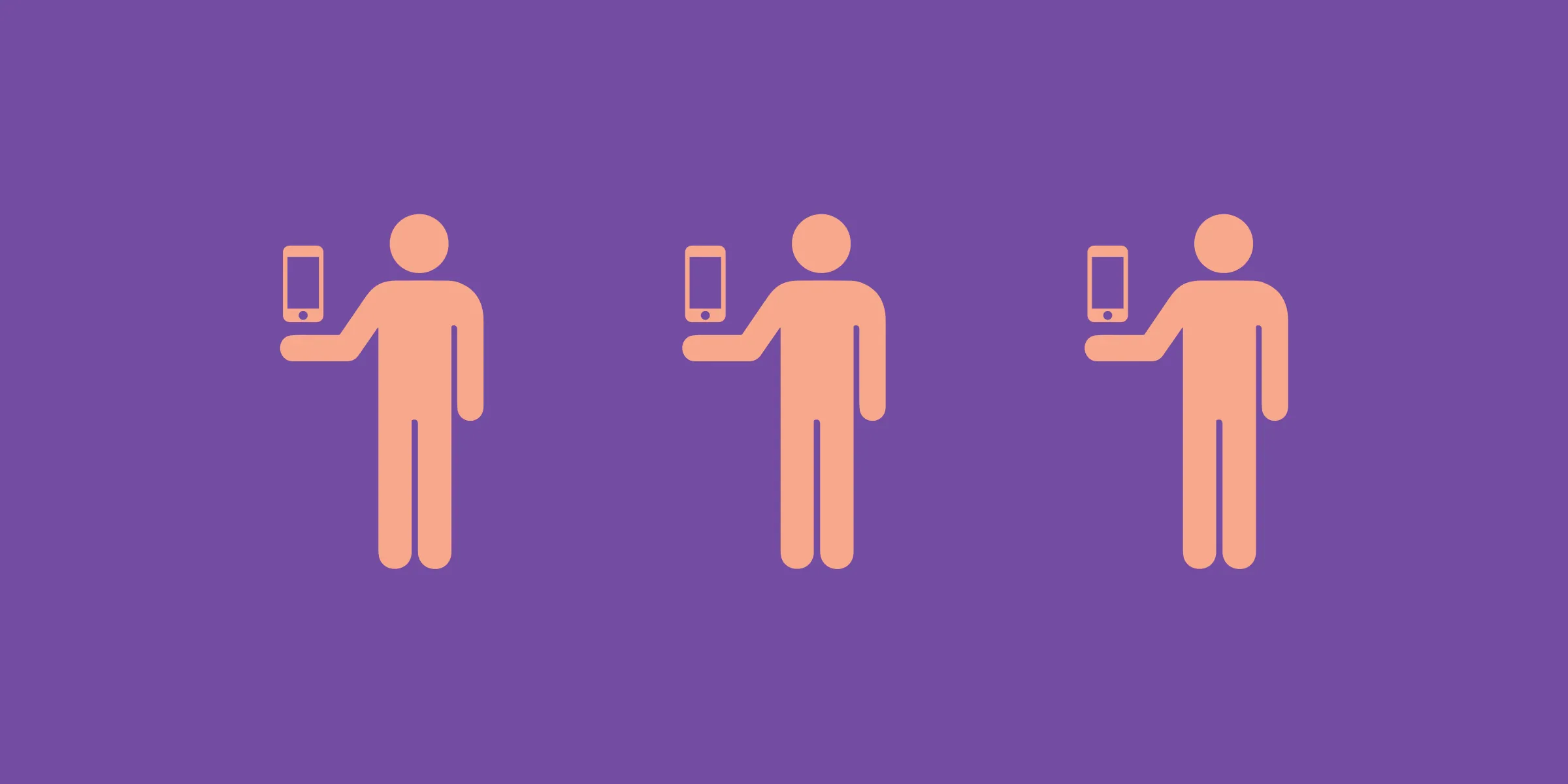 Three identical pictogram people each holding up a phone, orange on purple