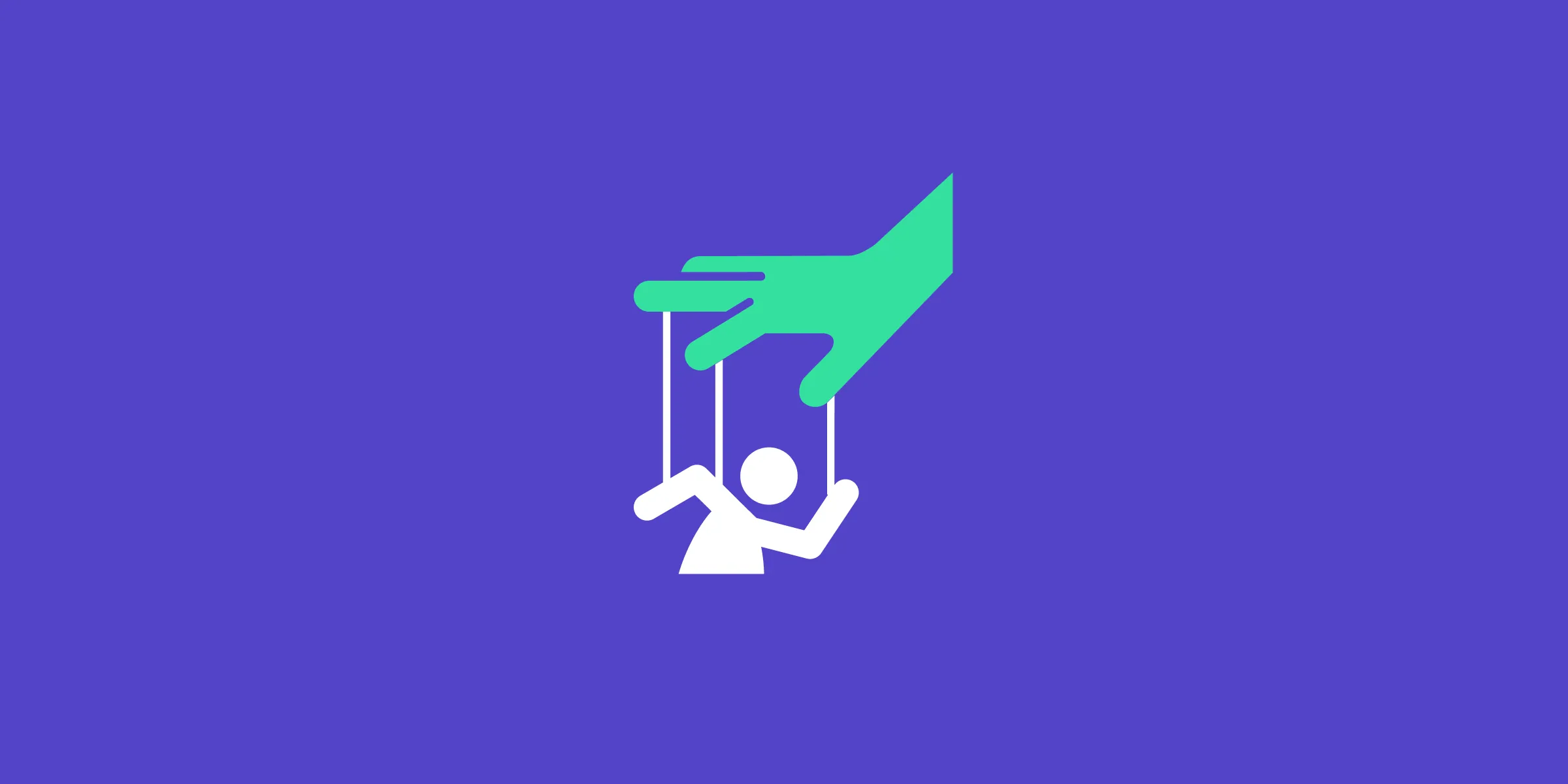 A hand holding the strings of a marionette figure, white on violet