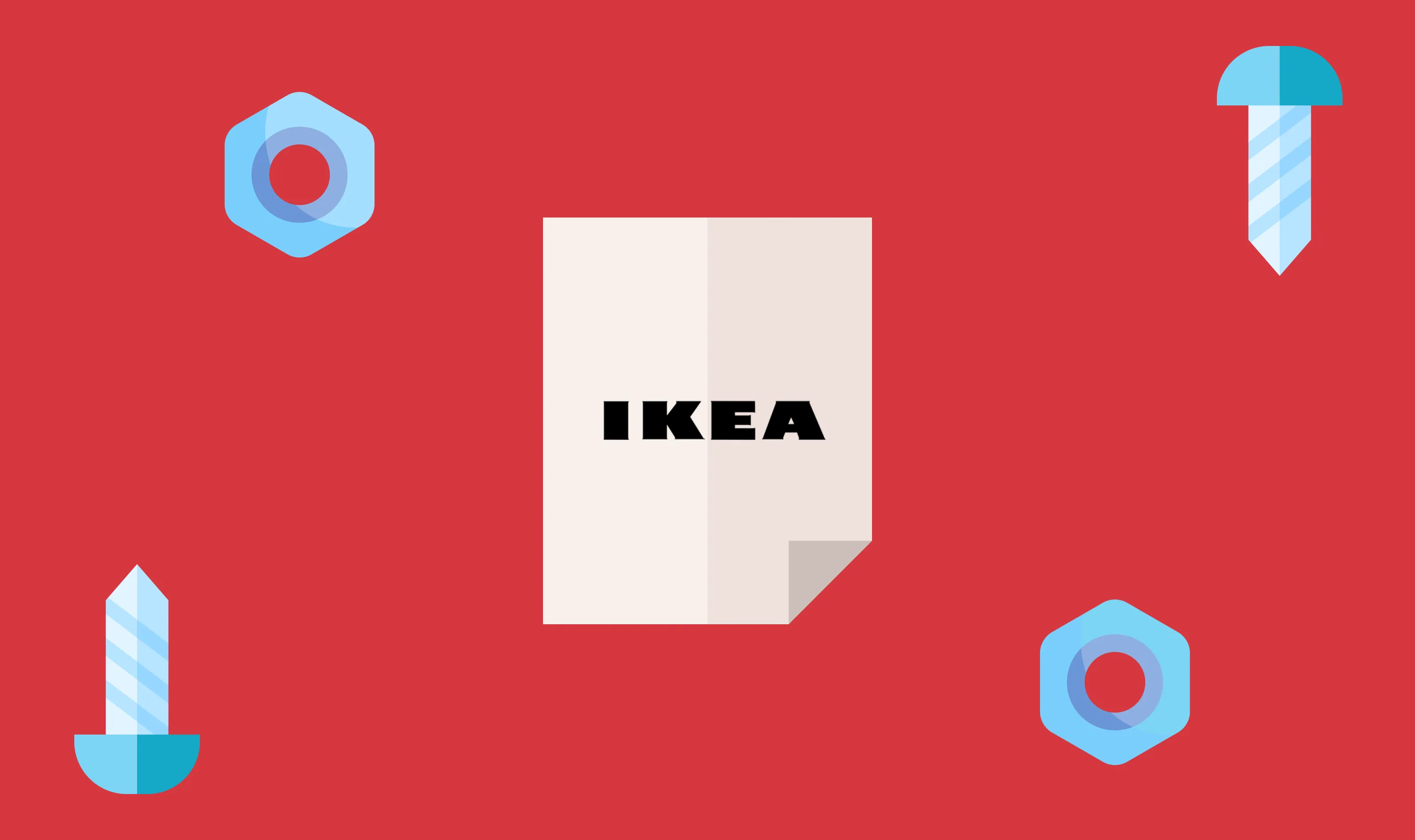 An IKEA assembly manual surrounded by bolts, a nut and a screwdriver, on red