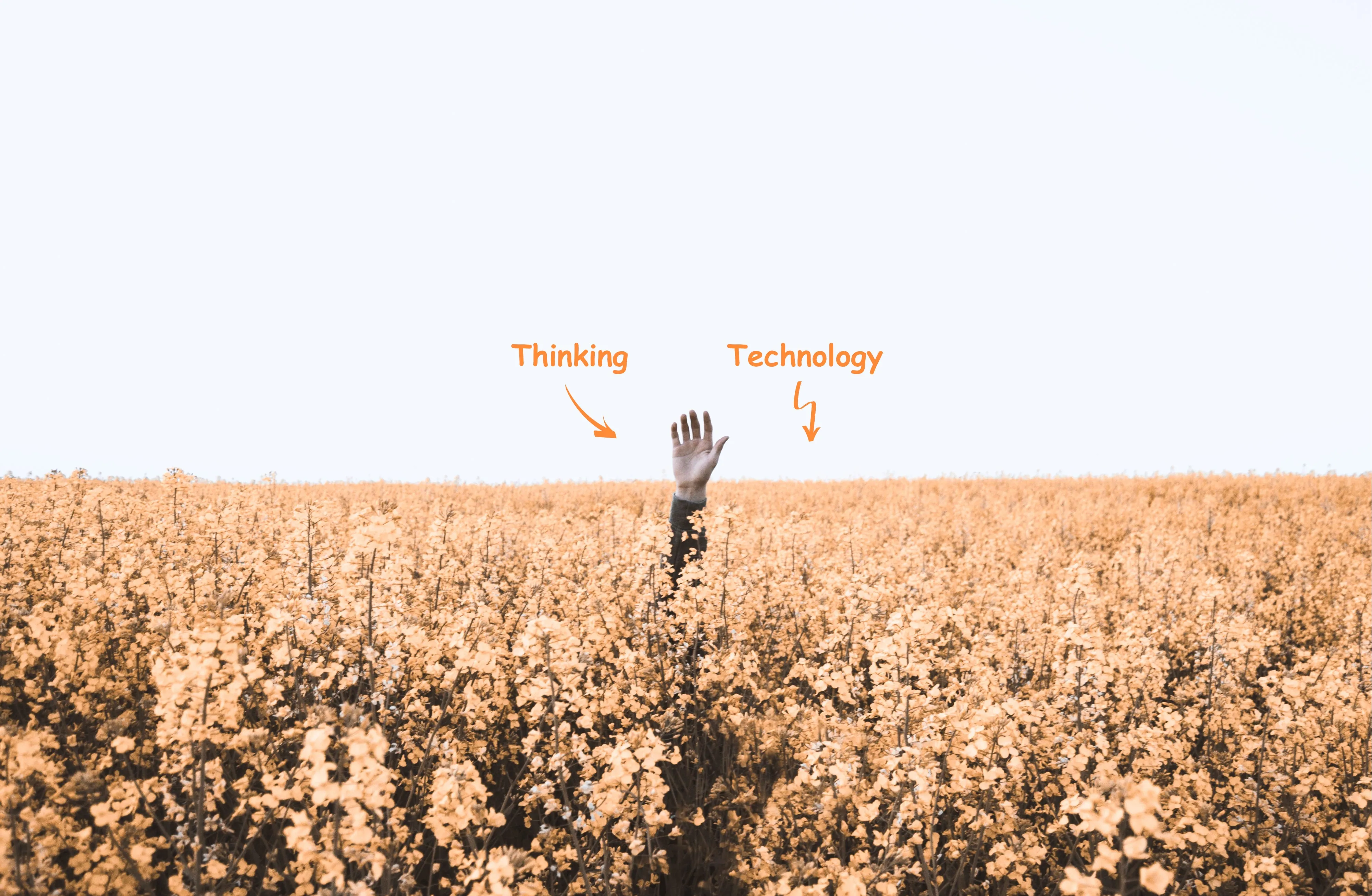 A hand labelled Thinking rising out of a golden field, with an arrow labelled Technology pointing at the sky