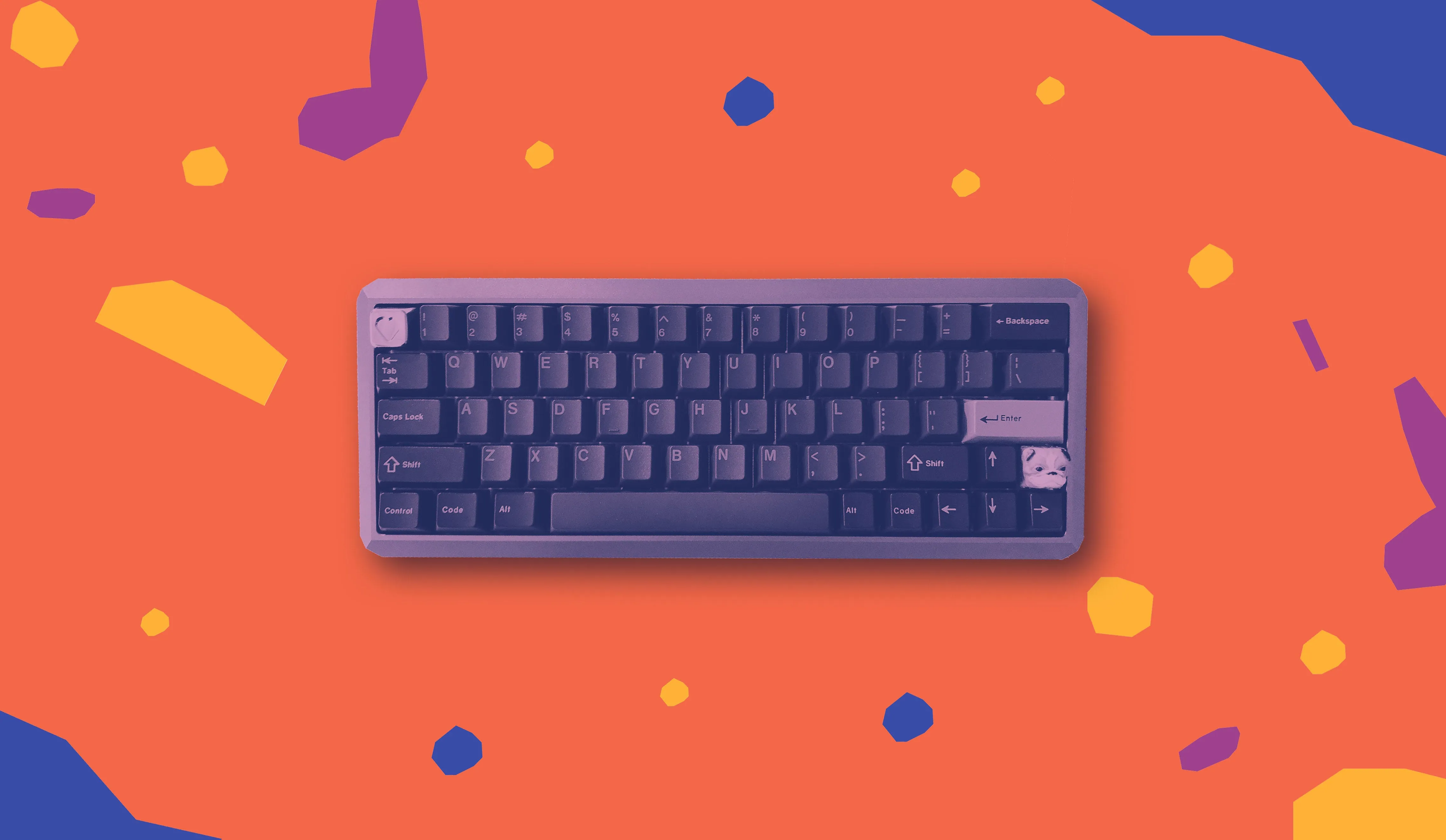 A mechanical keyboard on an orange background with purple and yellow shapes