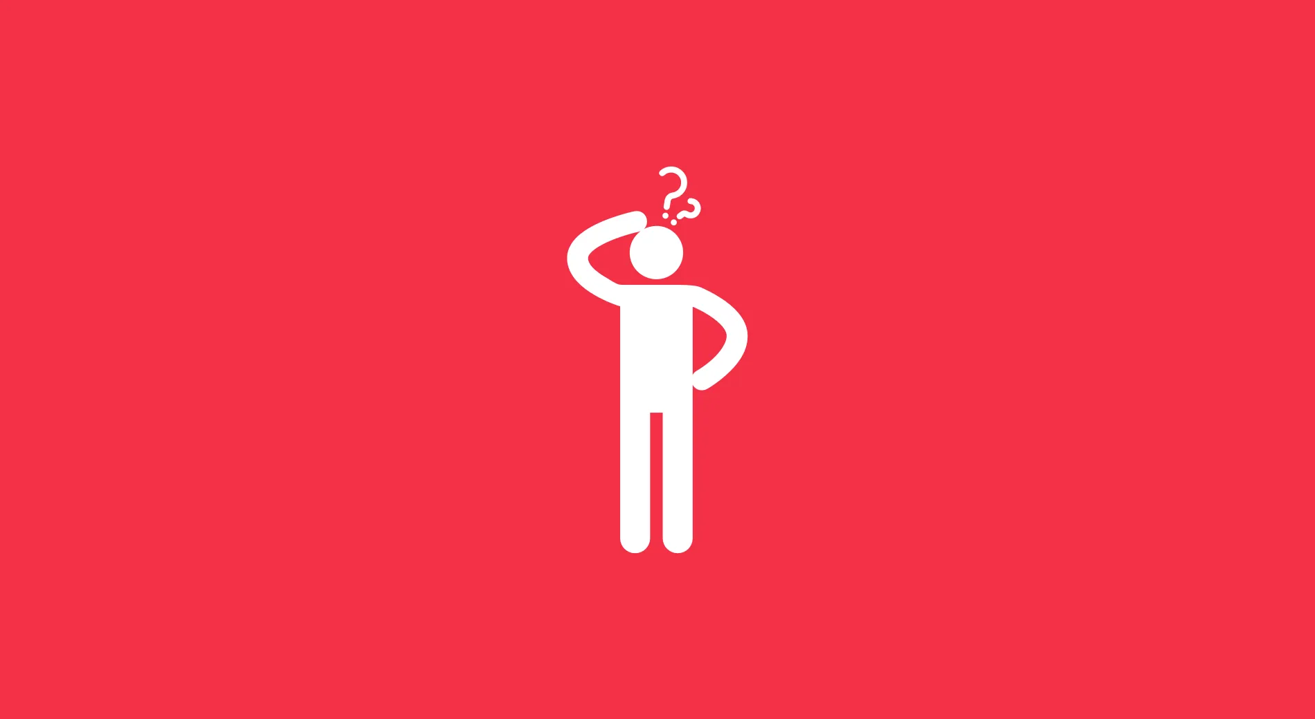 Pictogram of a person scratching their head under a question mark, white on red