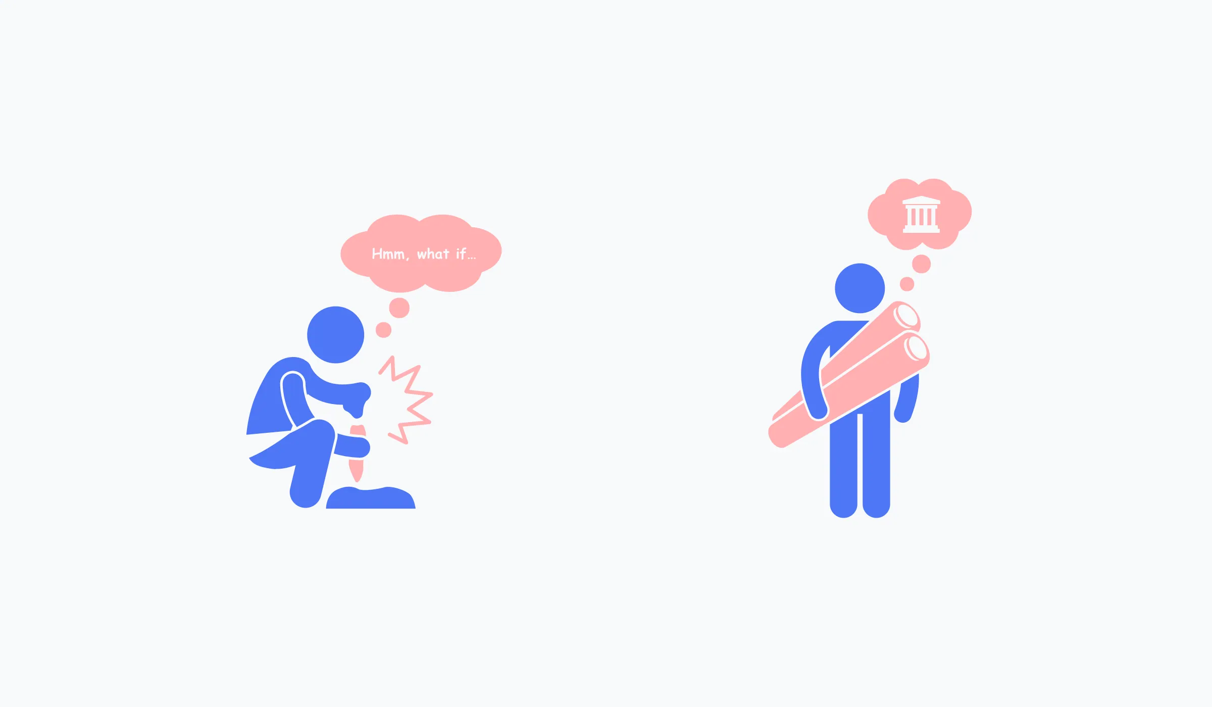 A person crouched thinking “Hmm, what if…”, and a person carrying a rolled-up sheet while thinking of a building
