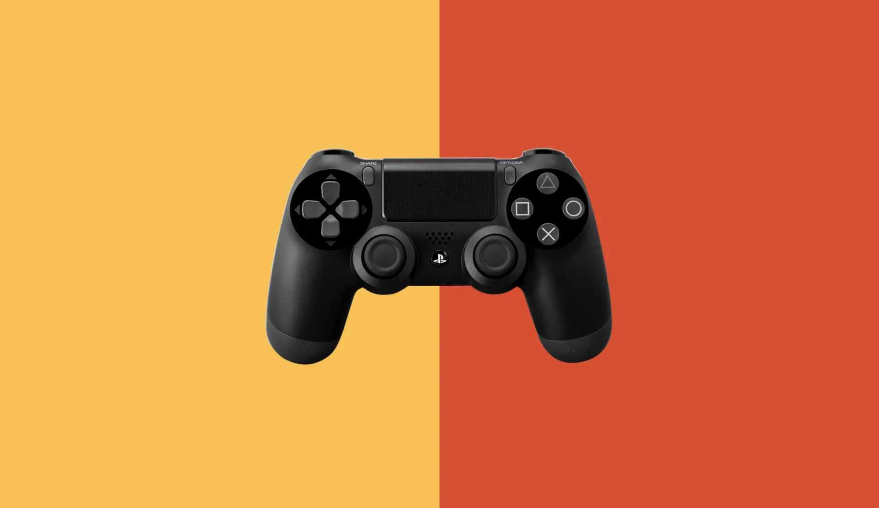 A black PlayStation controller on a yellow and red background