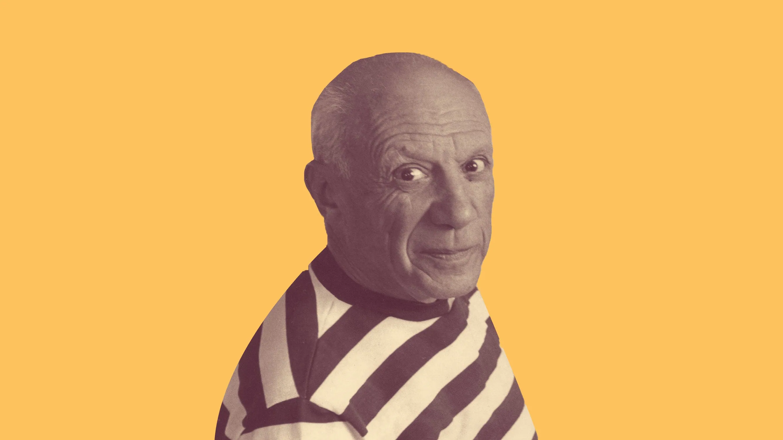 Pablo Picasso in a striped shirt, tinted on yellow