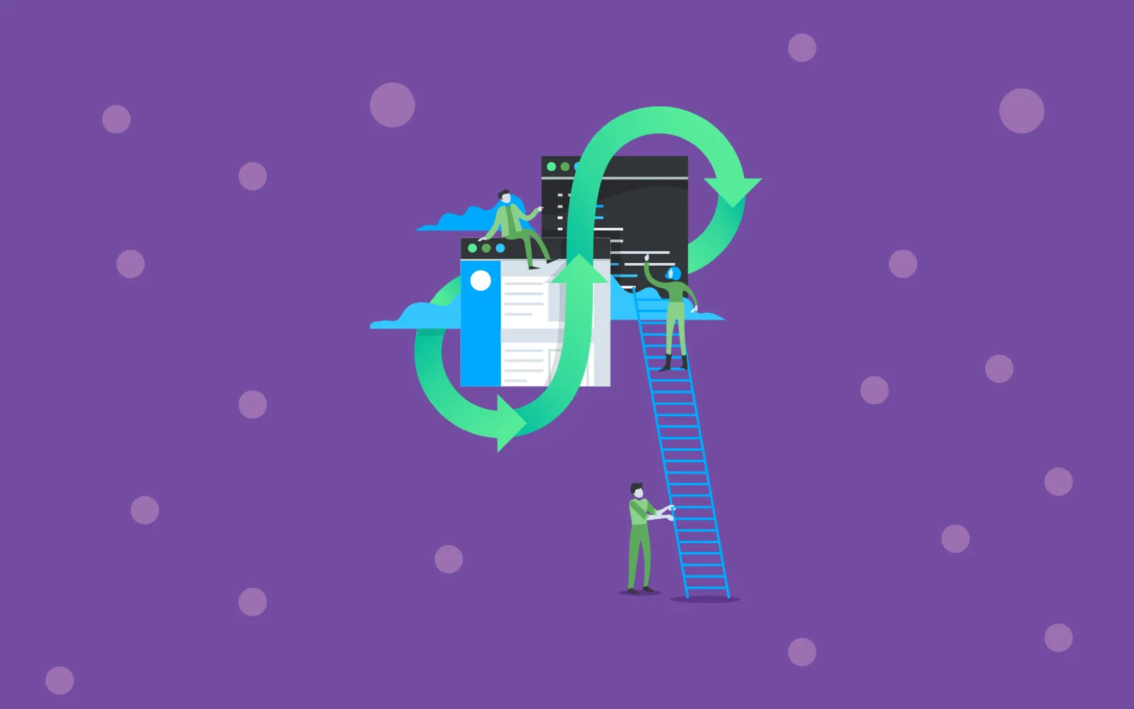 Illustration of people on ladders working on screens, with a looping arrow, on purple