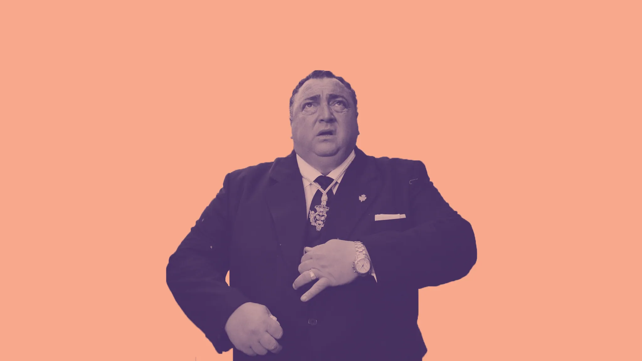 A man in a suit adjusting his tie, tinted purple on salmon