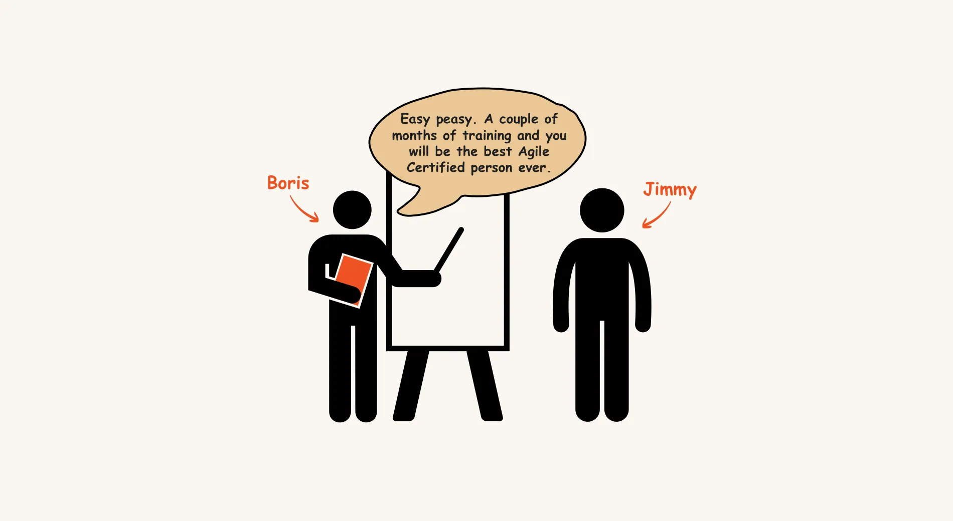 Boris at a whiteboard telling Jimmy “Easy peasy. A couple of months of training and you will be the best Agile Certified person ever.”
