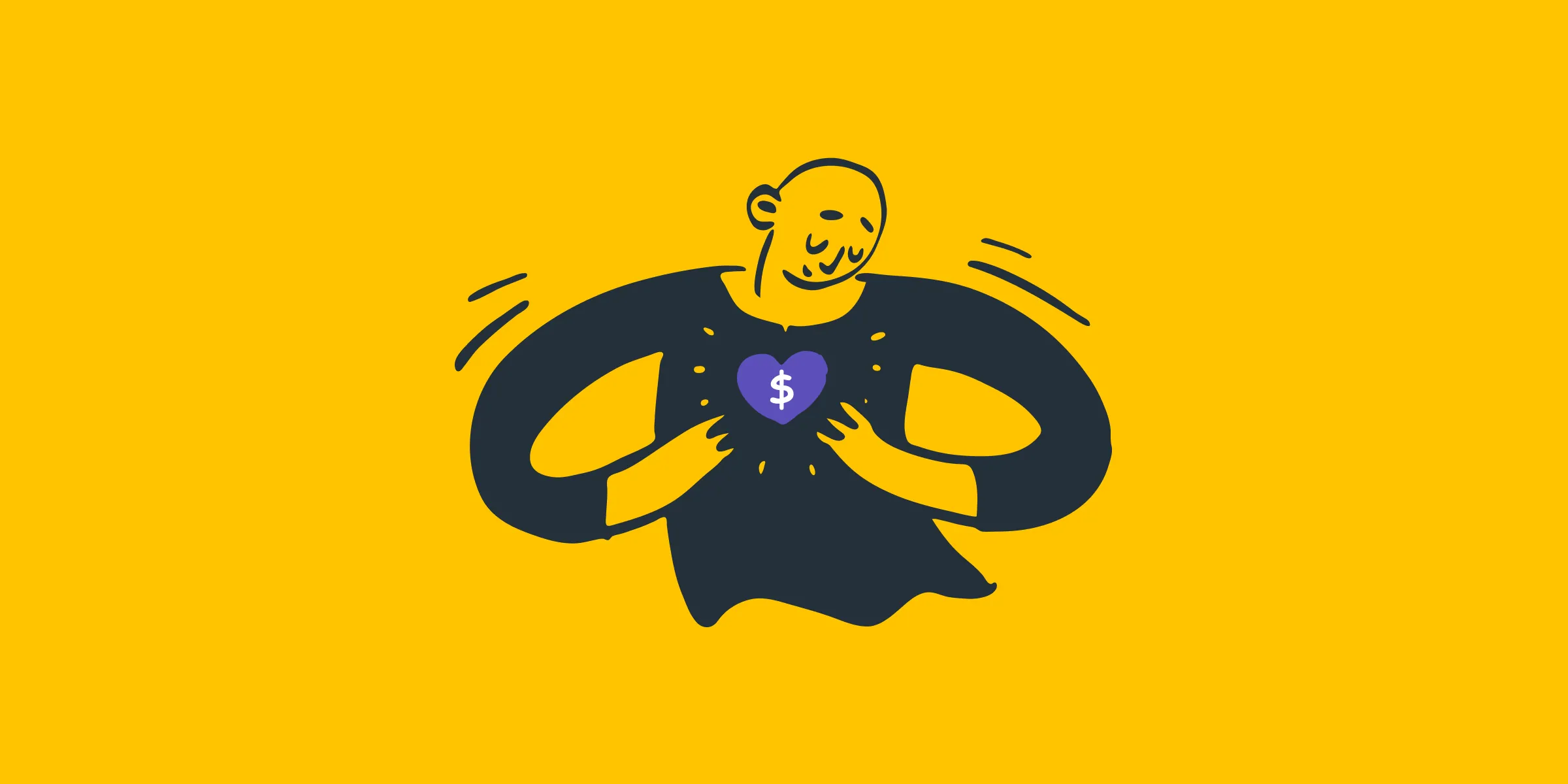 Illustration of a bald man proudly holding a heart with a dollar sign on his chest, on yellow