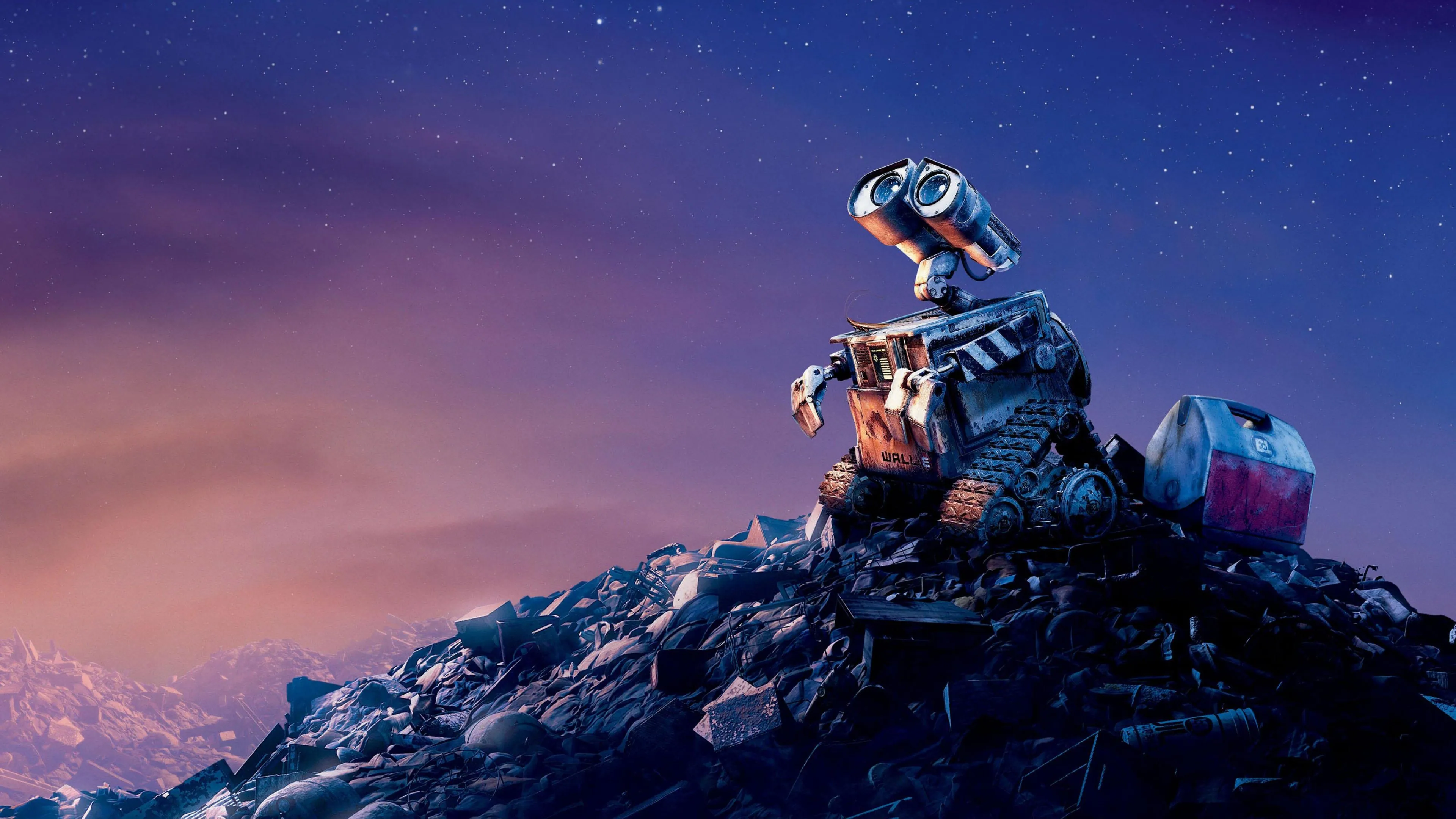 WALL-E on a heap of junk beside a cooler, gazing up at a starry purple sky