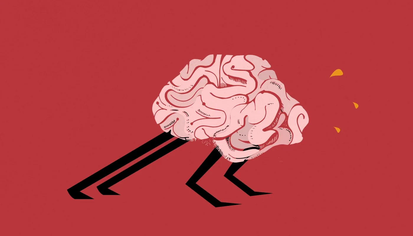 Illustration of a brain running on two legs, on dark red