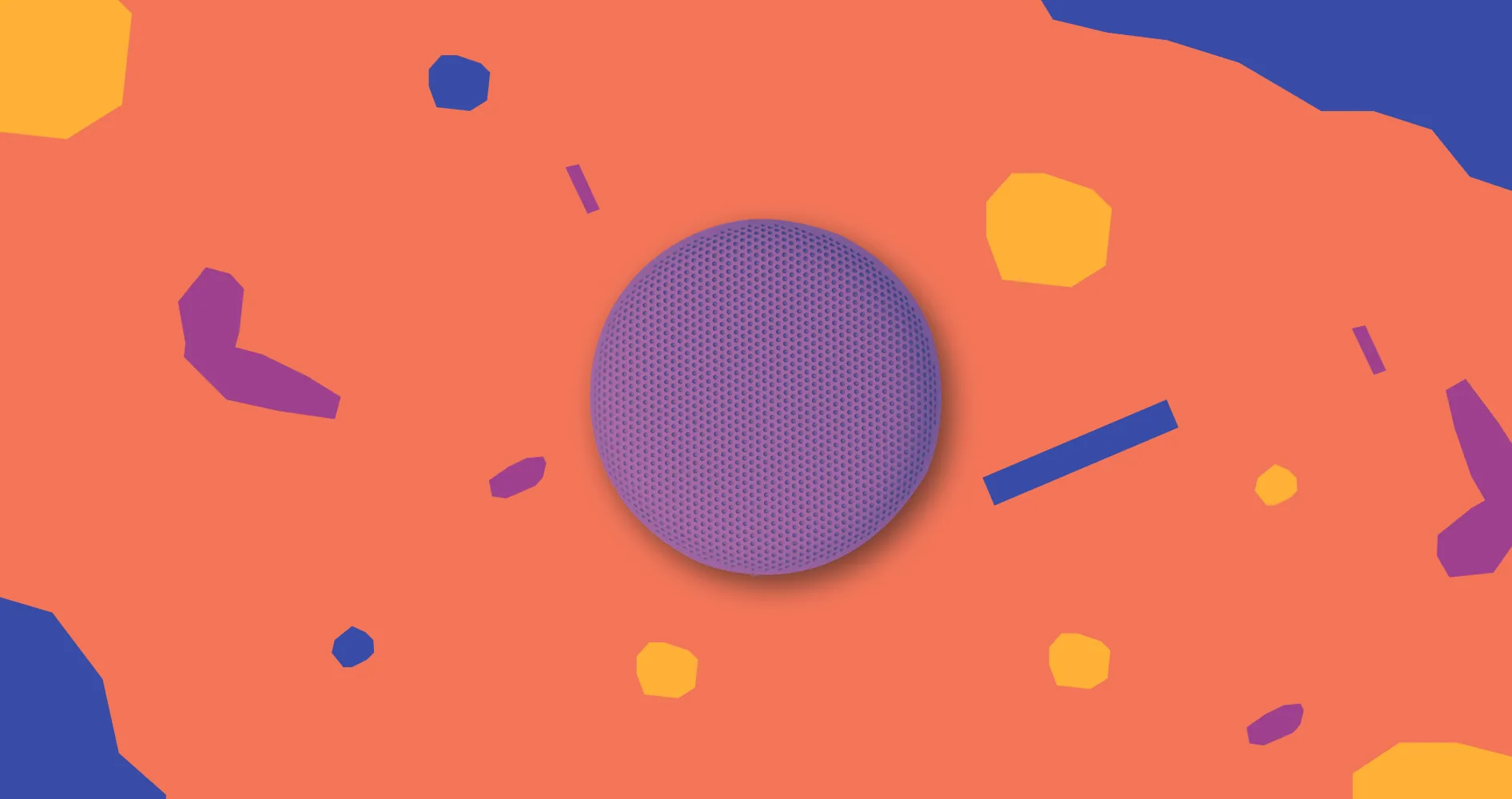 A round purple speaker on an orange background with purple and yellow shapes