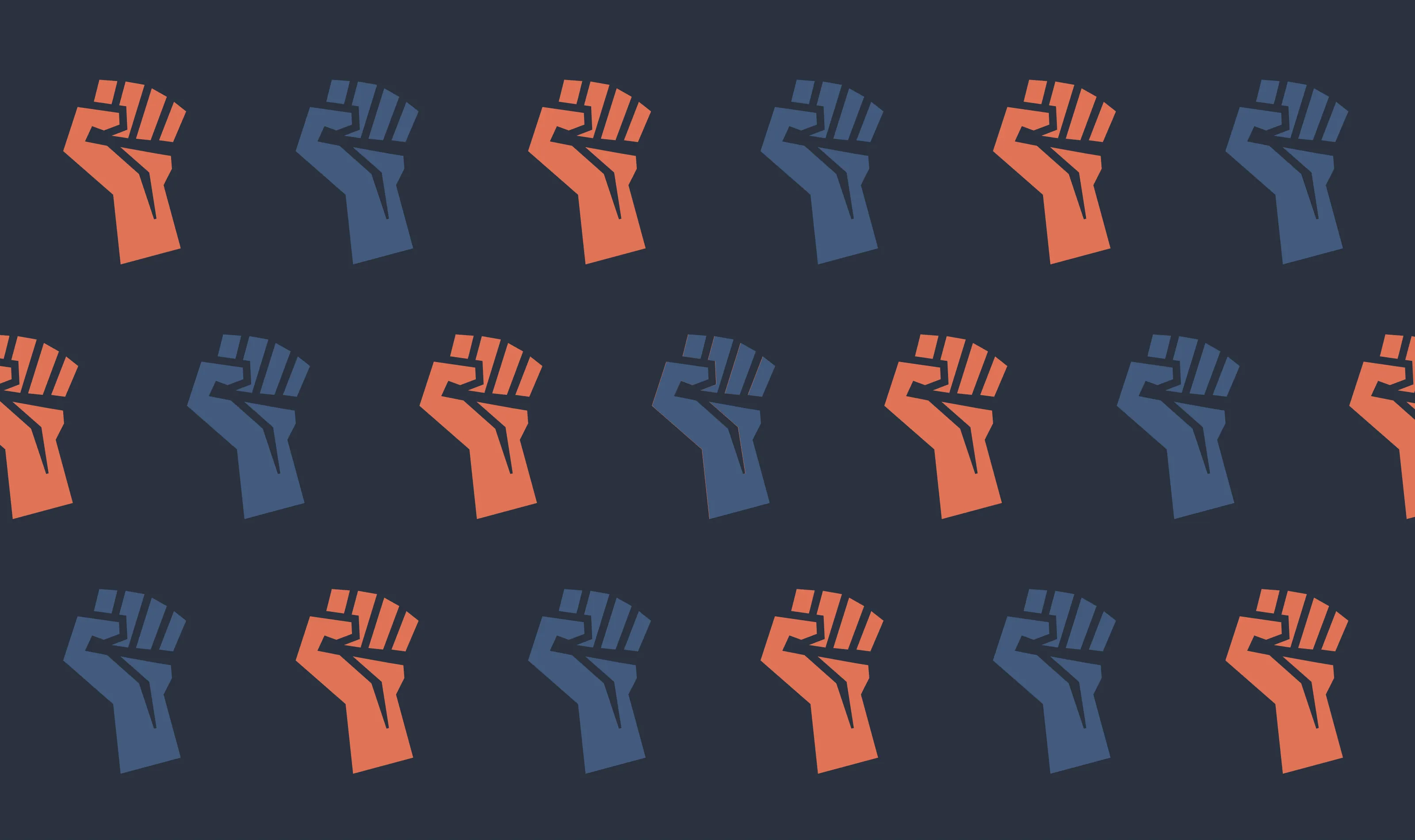 A pattern of raised fists in orange and blue on dark navy