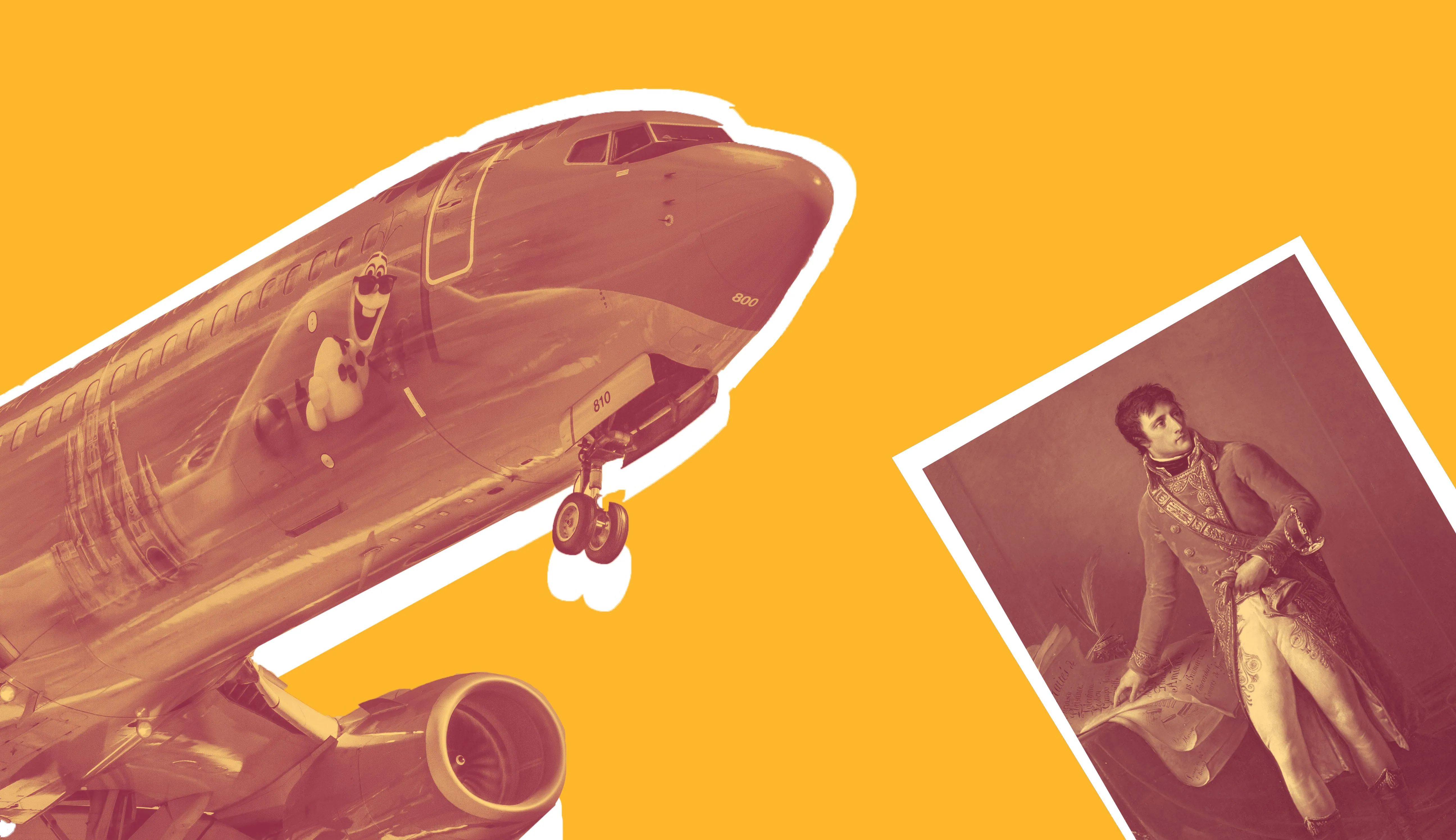A passenger jet and a portrait of Napoleon, cut out on a yellow background