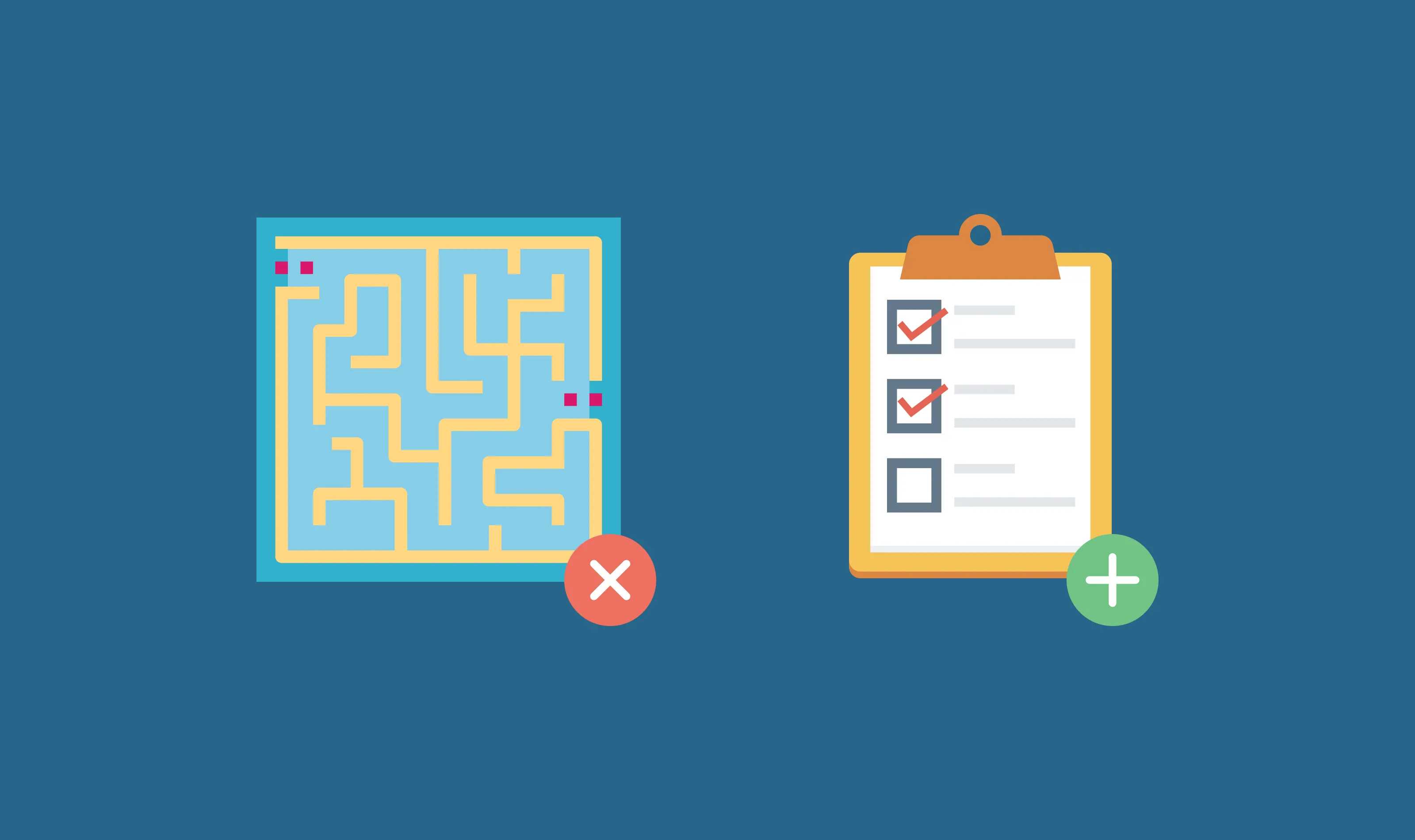 A maze marked with a red cross next to a checklist marked with a green plus