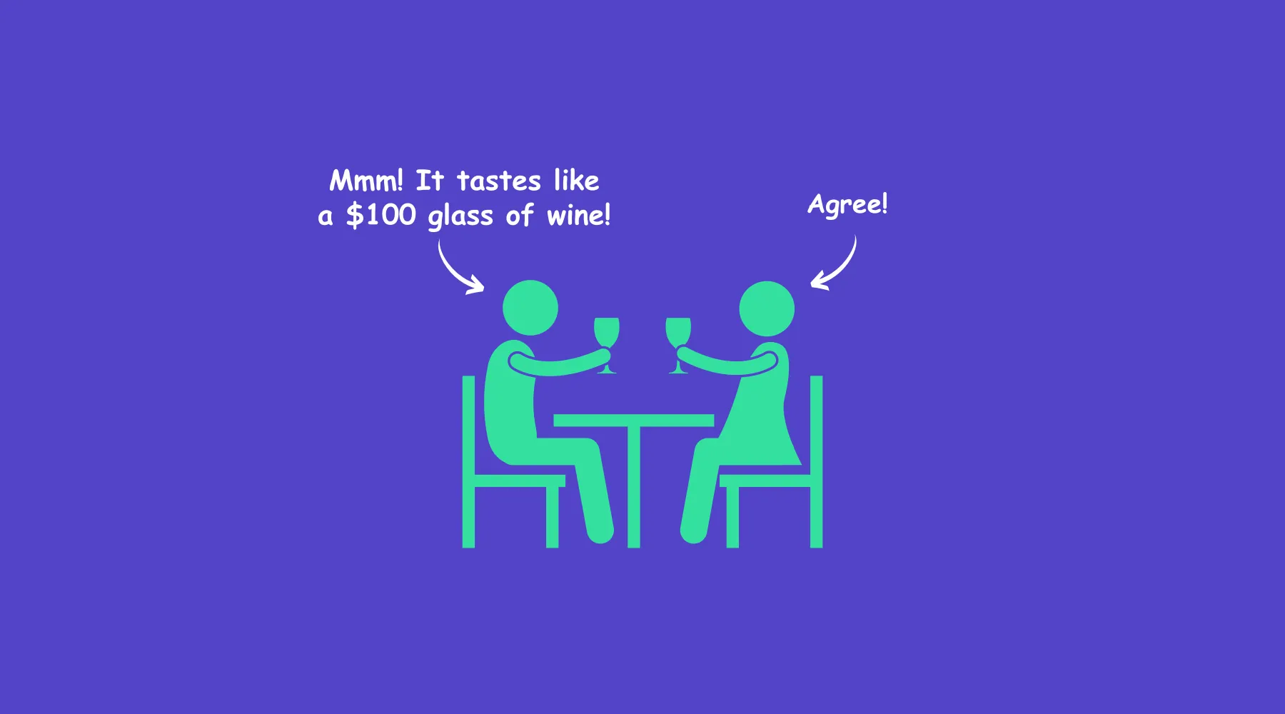 Two pictogram people at a table with wine: “Mmm! It tastes like a $100 glass of wine!” “Agree!”