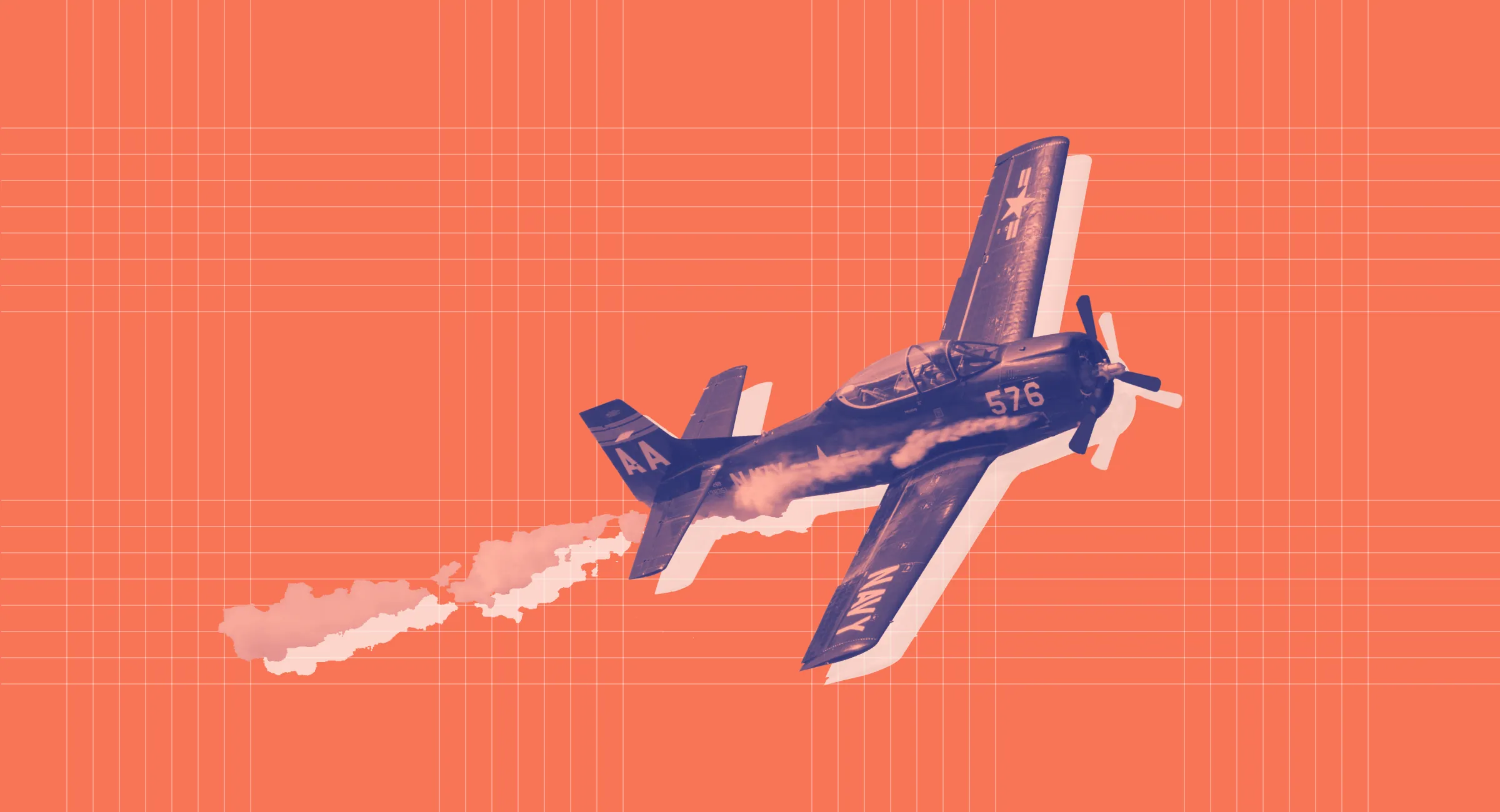 A vintage propeller aeroplane trailing smoke, in a collage on orange