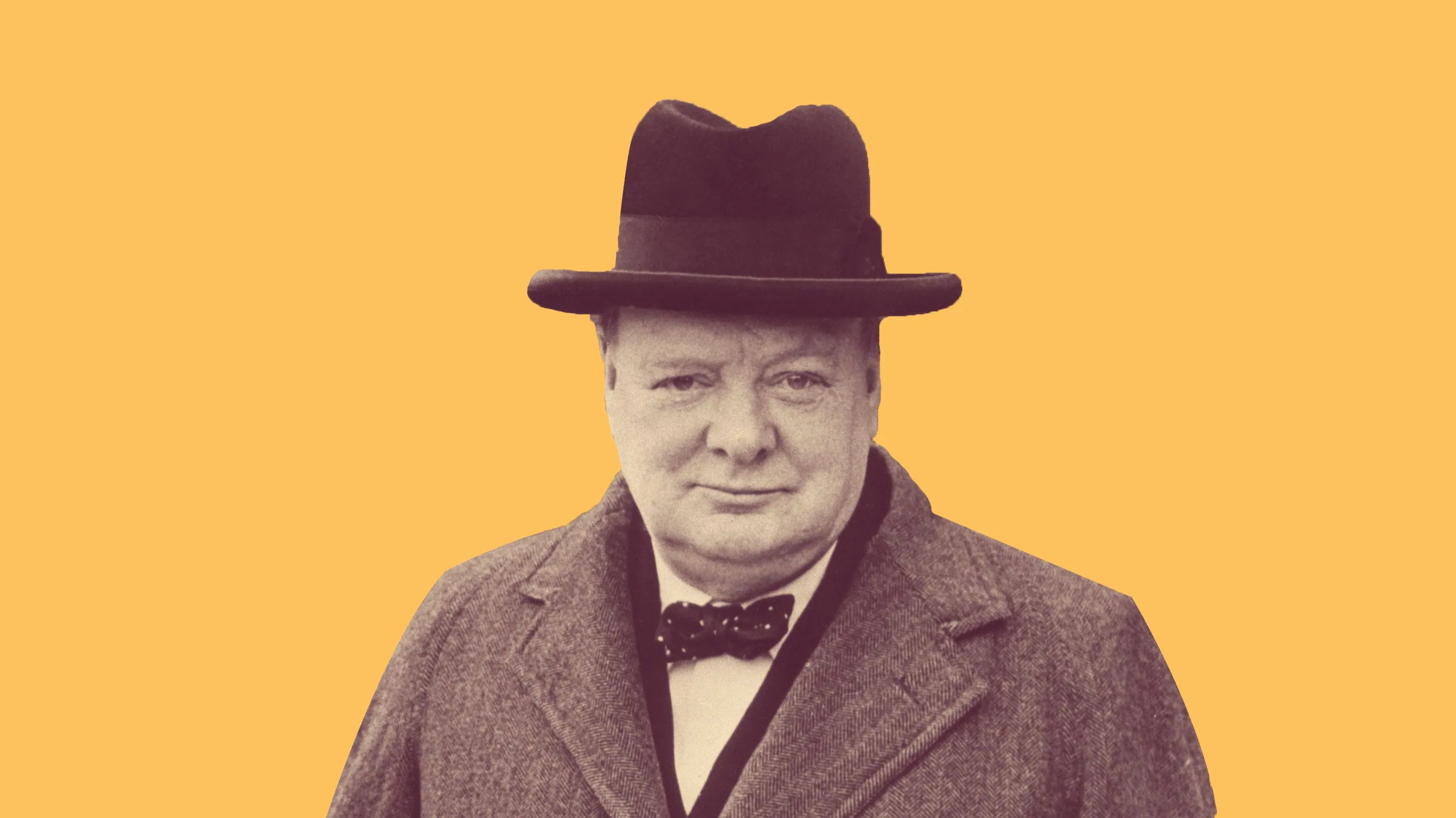 Winston Churchill in a hat and bow tie, tinted on yellow