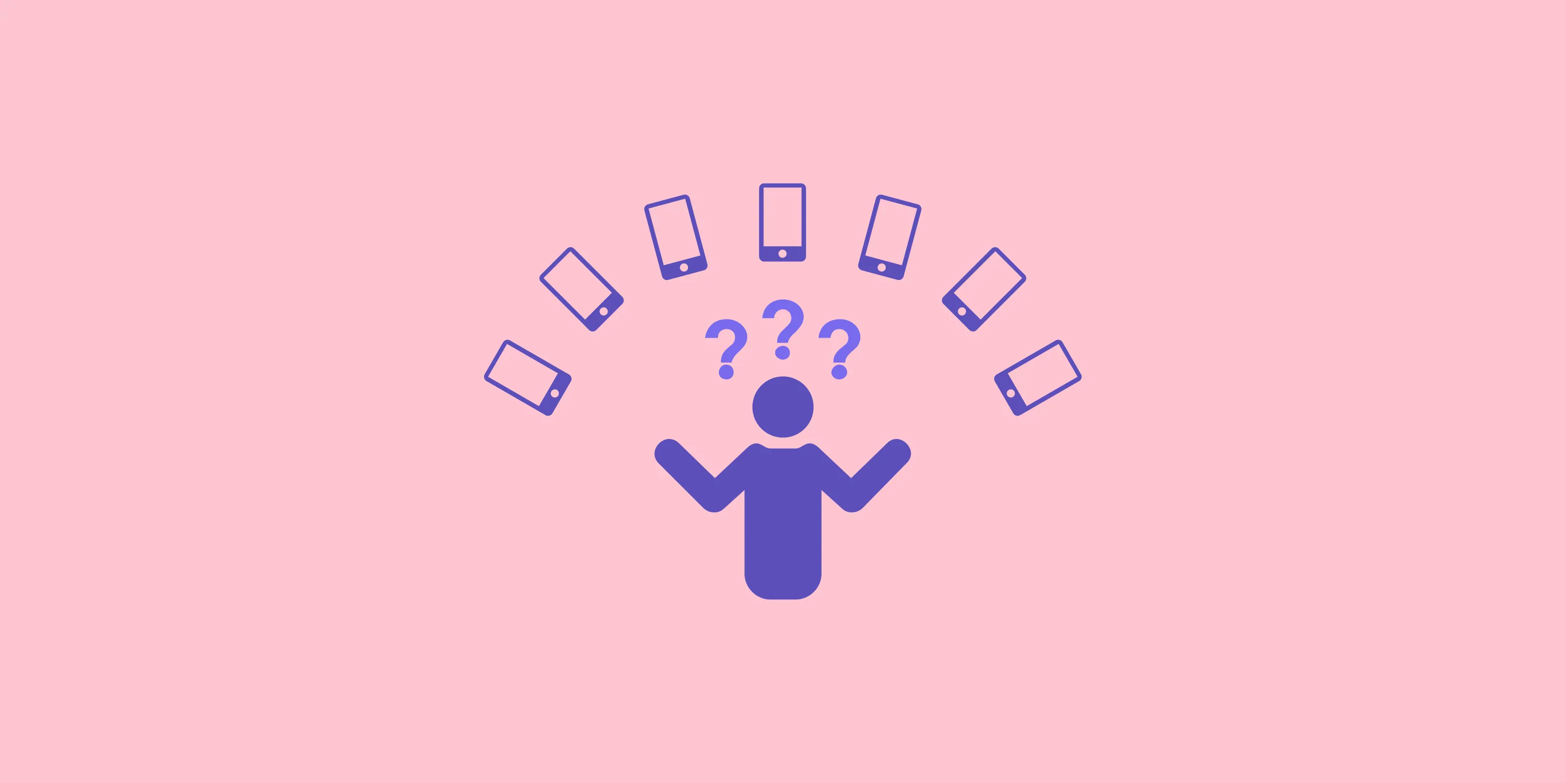 A person with arms spread under question marks and a ring of phones, violet on pink