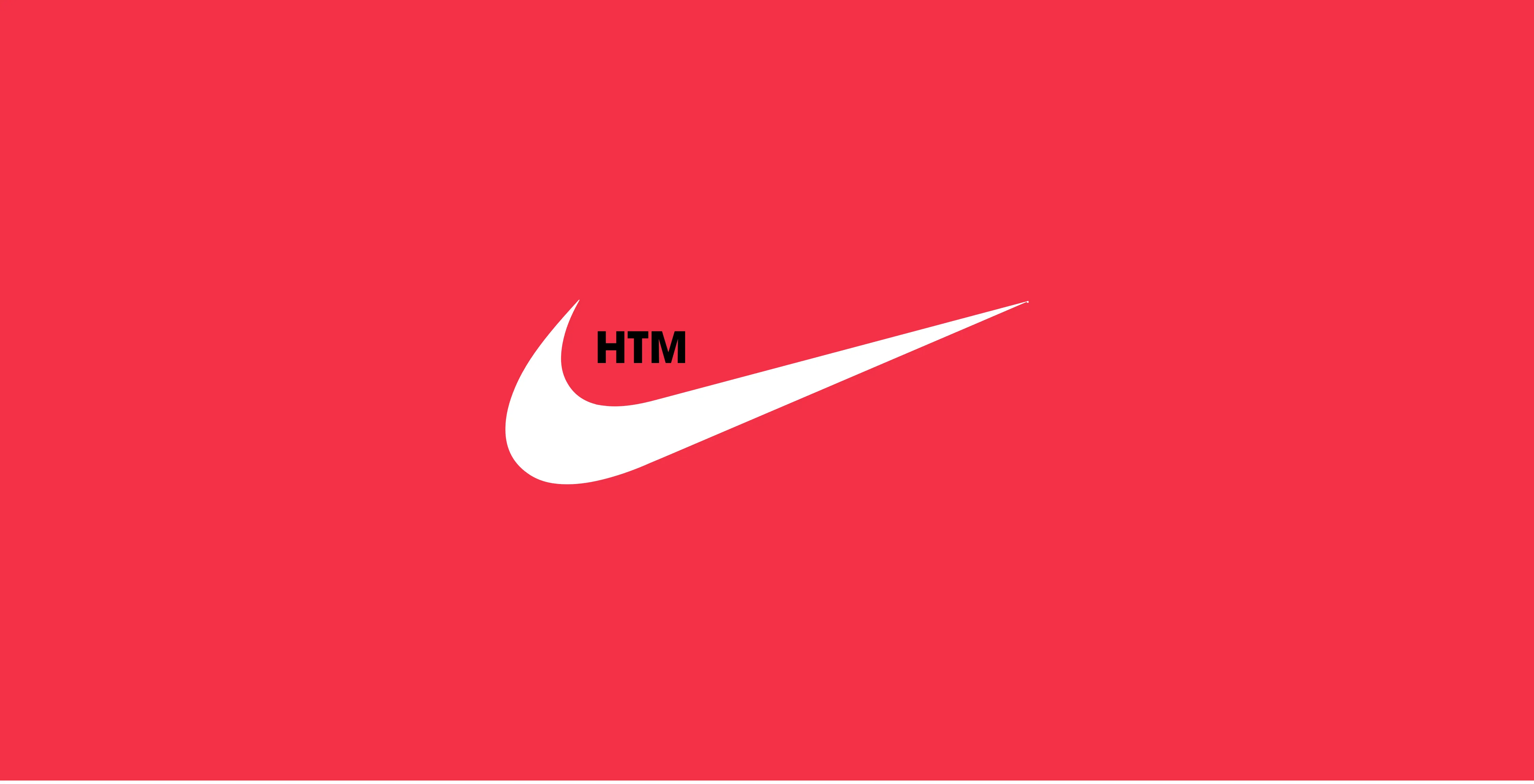 The Nike swoosh with HTM written above it, on red