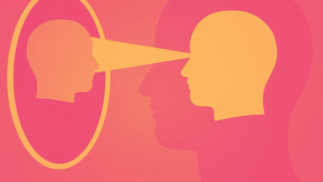 Two profile heads facing each other, a beam of light going from one eye to the other, in pink and orange