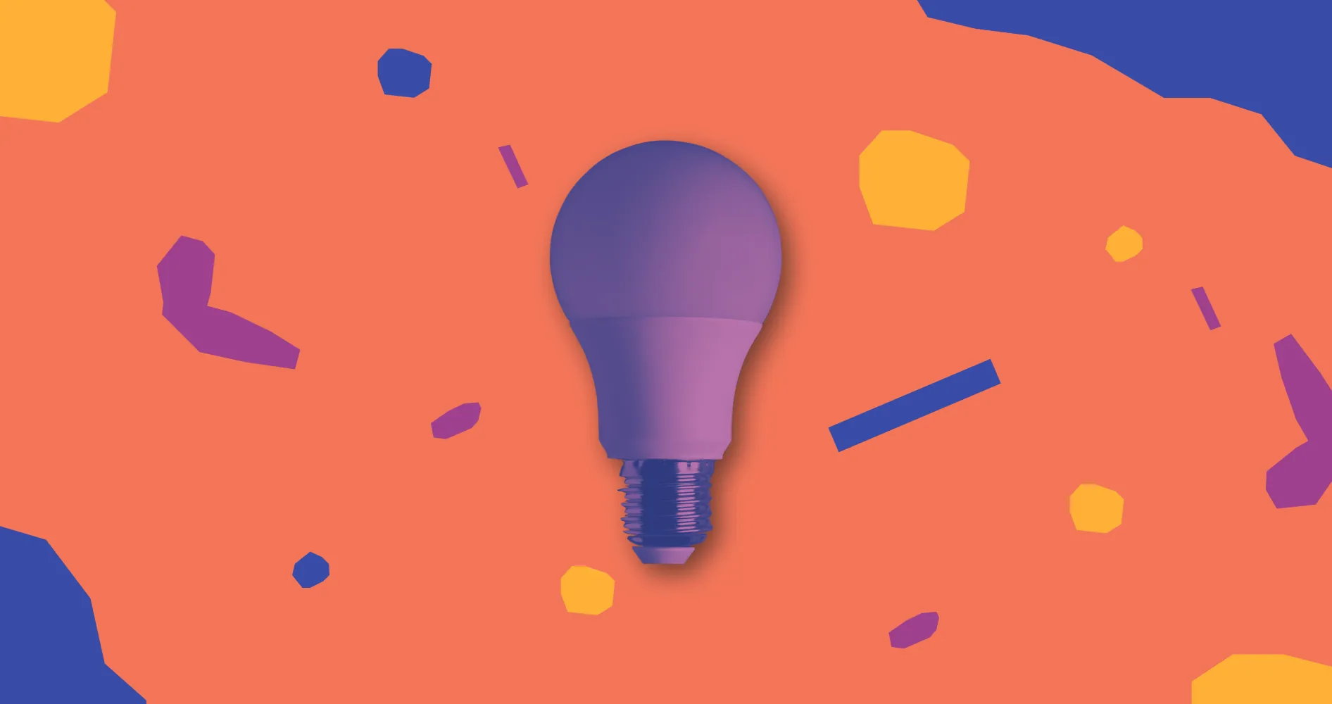 A purple light bulb on an orange background with purple and yellow shapes