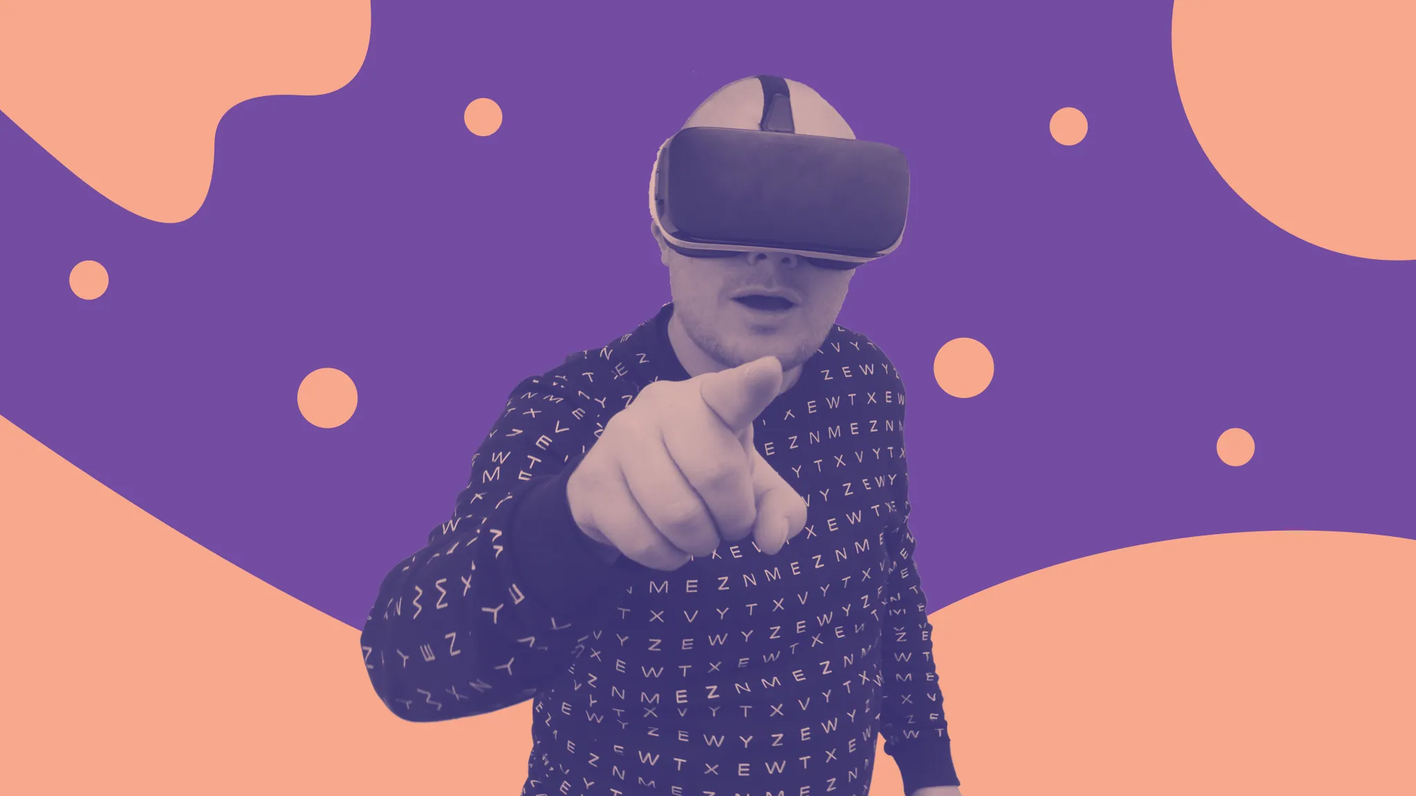 A man in a VR headset pointing at the viewer, on purple and salmon