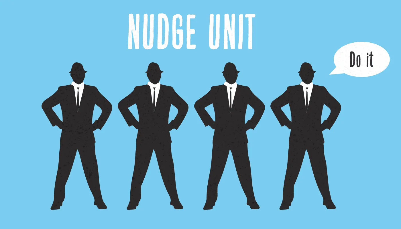 Nudge Unit: four men in bowler hats and suits, one with a speech bubble reading “Do it”