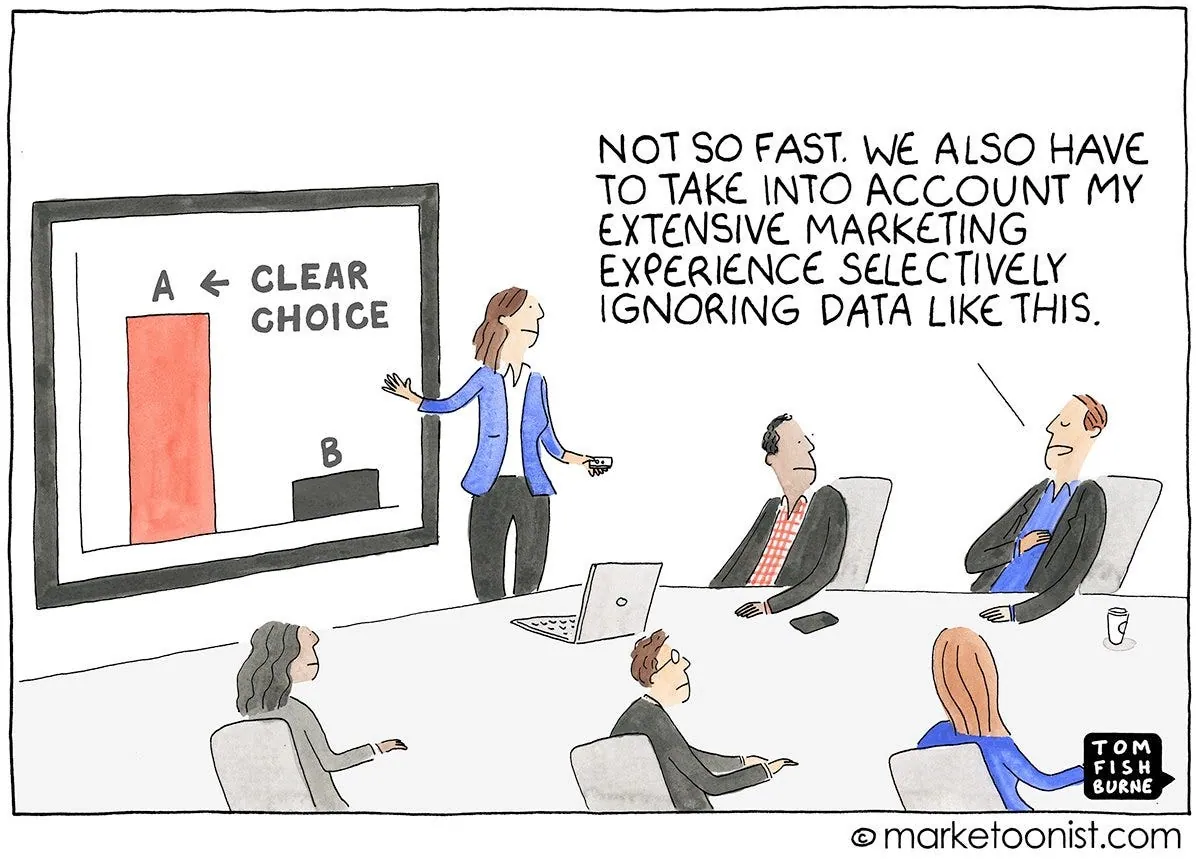Marketoonist cartoon: a presenter shows a chart with a clear choice, A, and an executive answers “Not so fast. We also have to take into account my extensive marketing experience selectively ignoring data like this.”