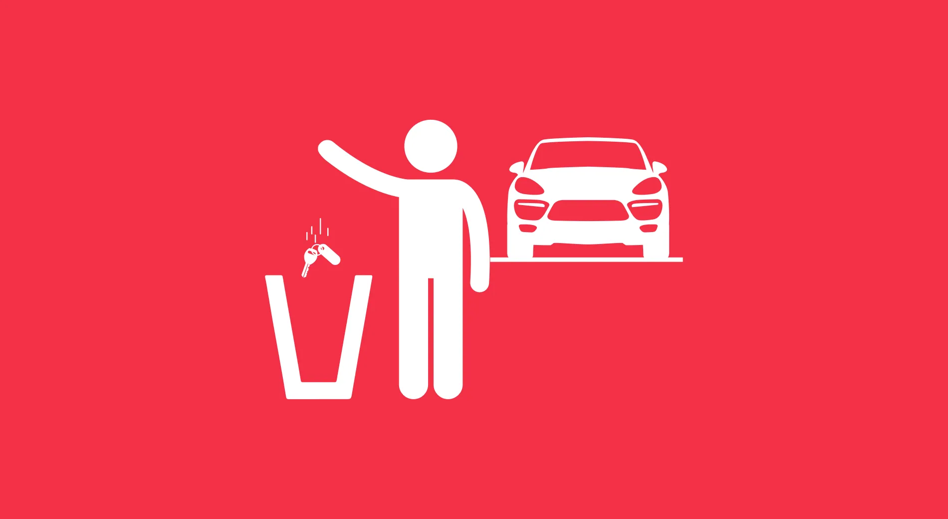 Pictogram of a person throwing a car key in a bin and hailing a car, white on red
