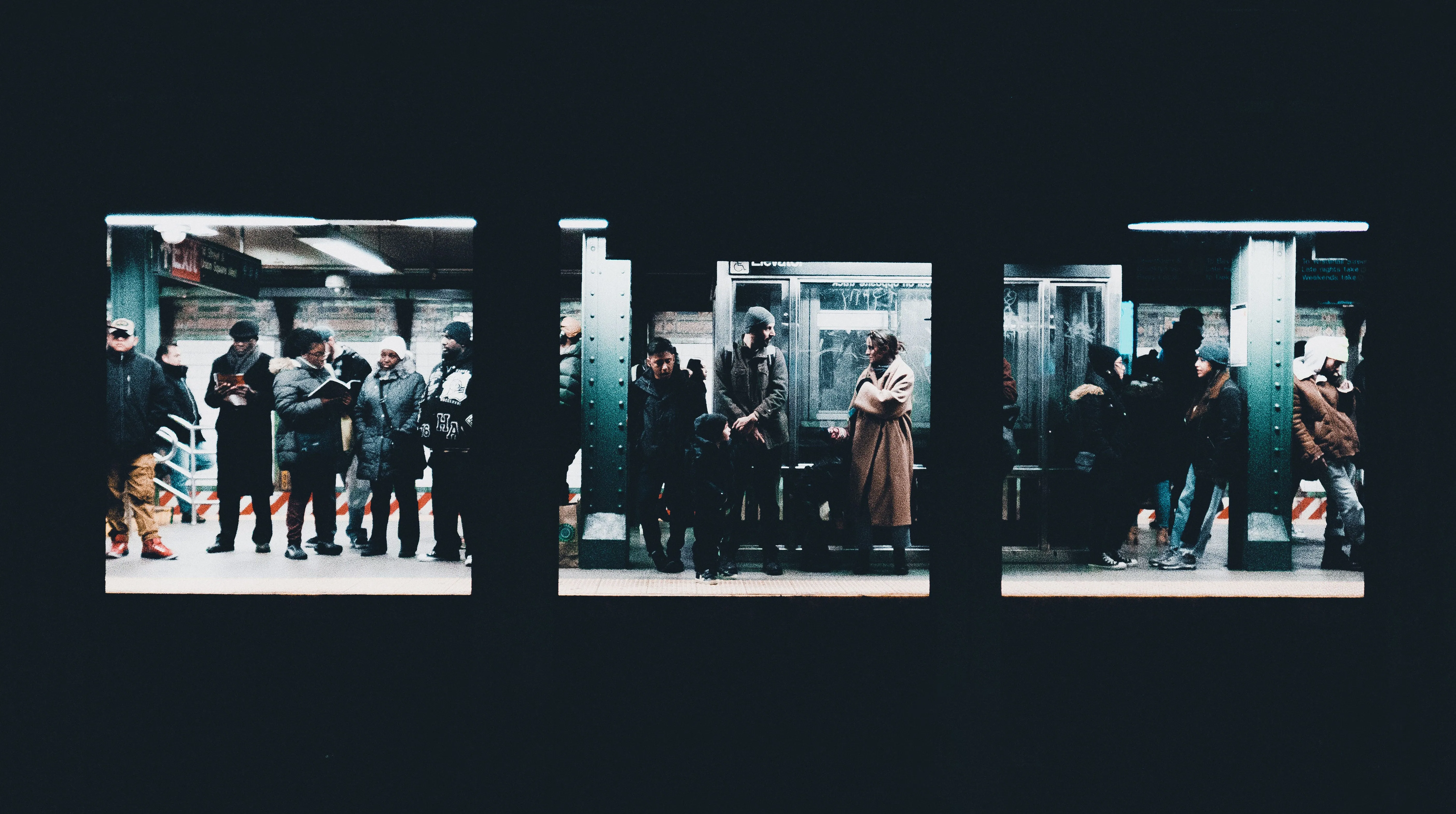 Three black-and-white photos of commuters waiting on a subway platform, on black