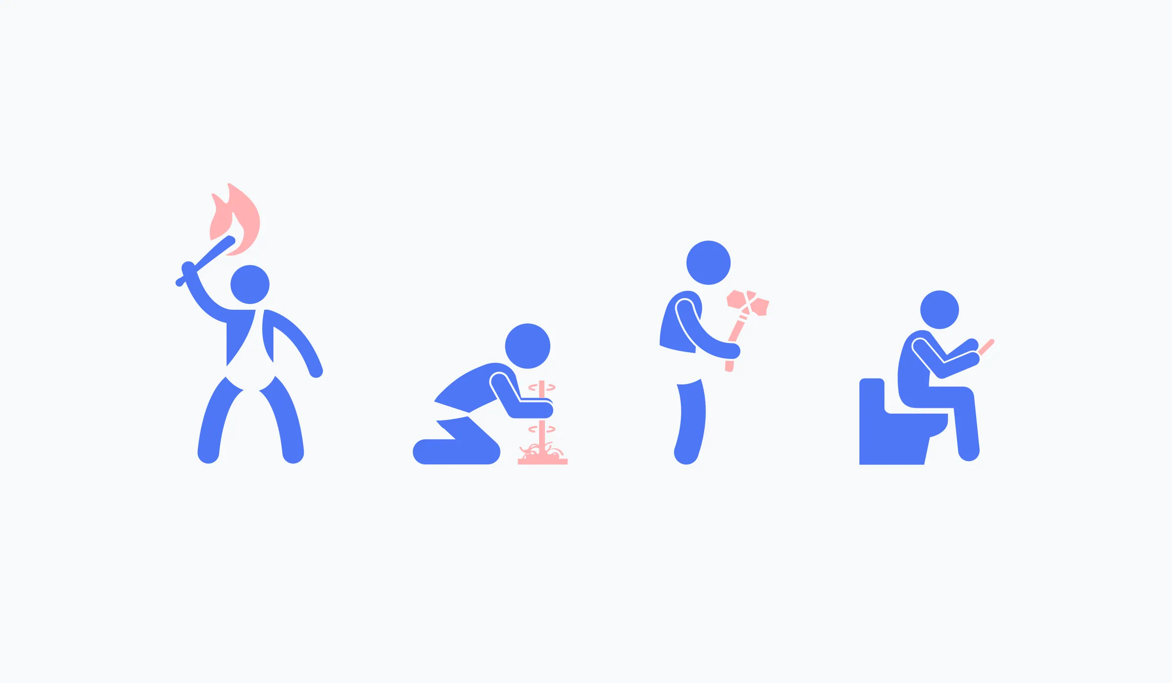 Four pictograms: a person with a torch, a person planting a seedling, a person holding a flower, and a person reading on the toilet