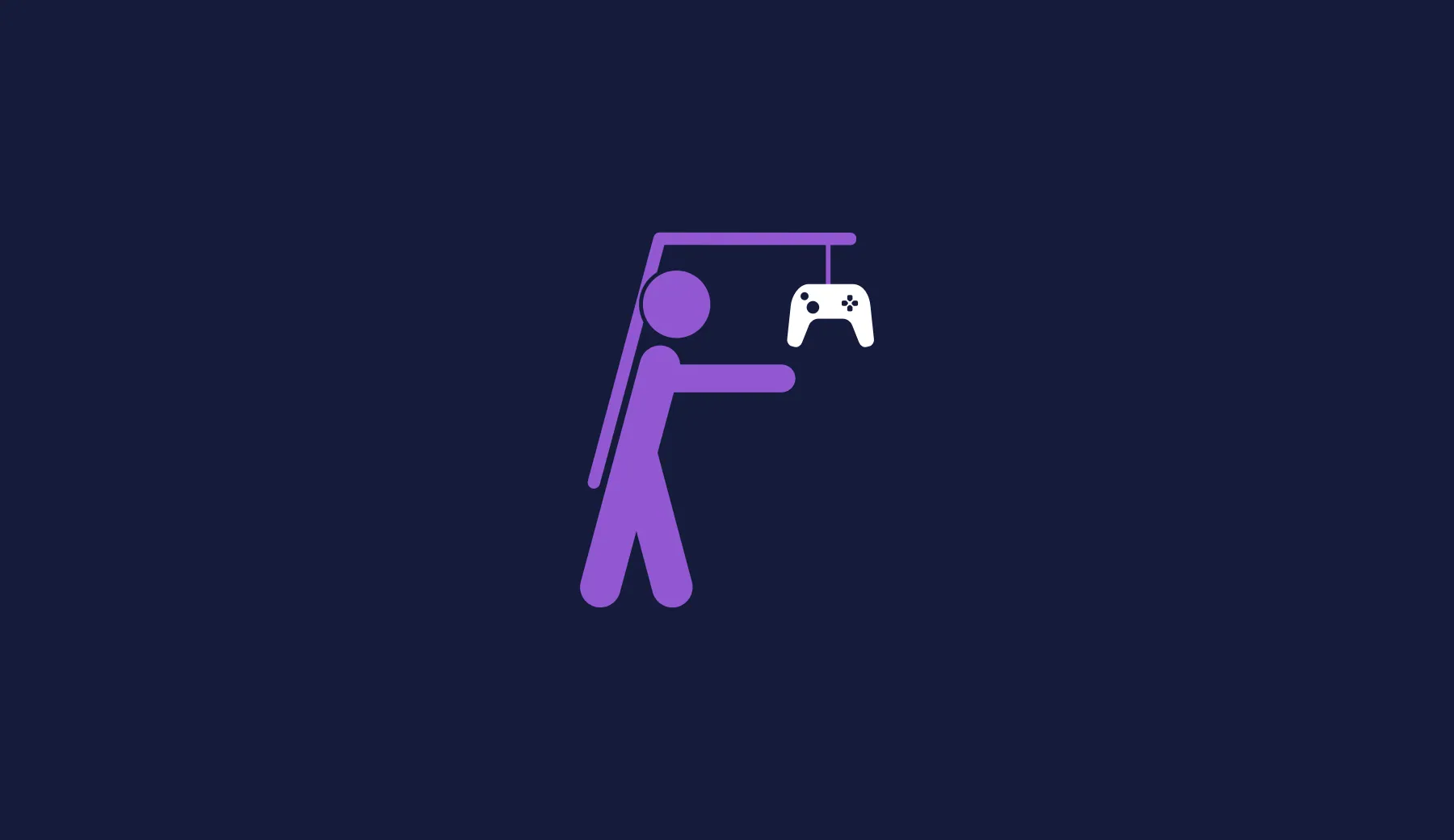 Pictogram of a person reaching for a game controller dangling from a stick, purple on navy