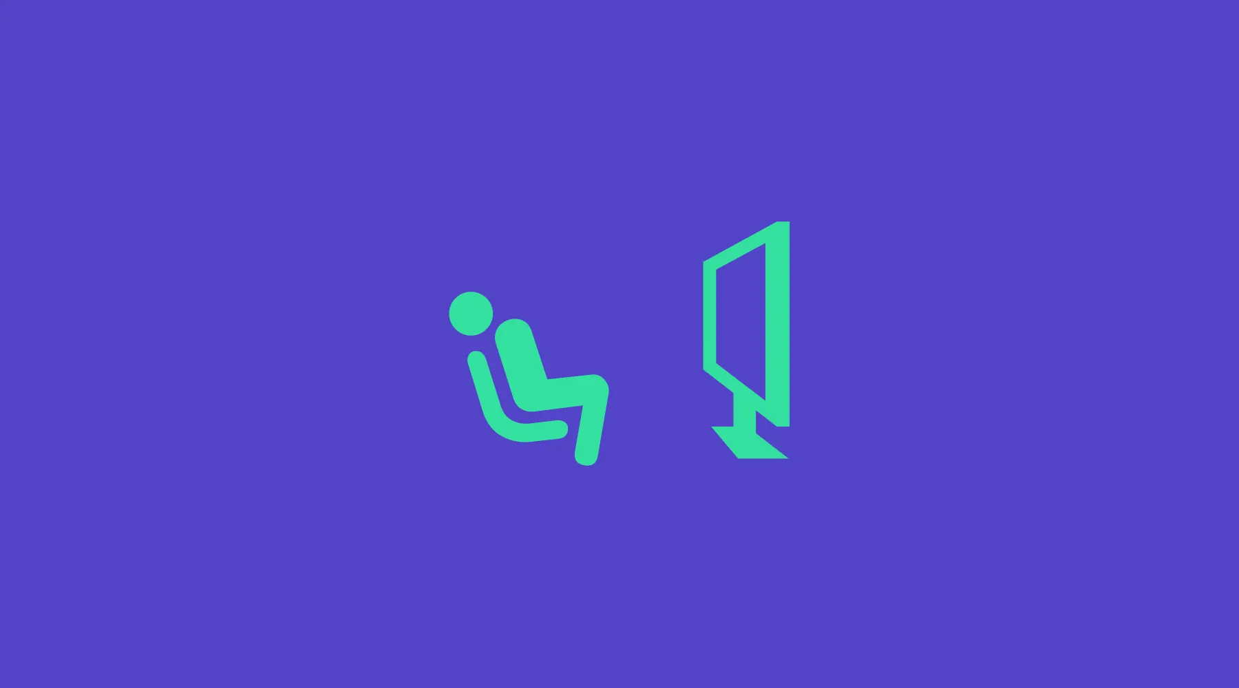 Pictogram of a person slumped in an armchair in front of a screen, green on violet